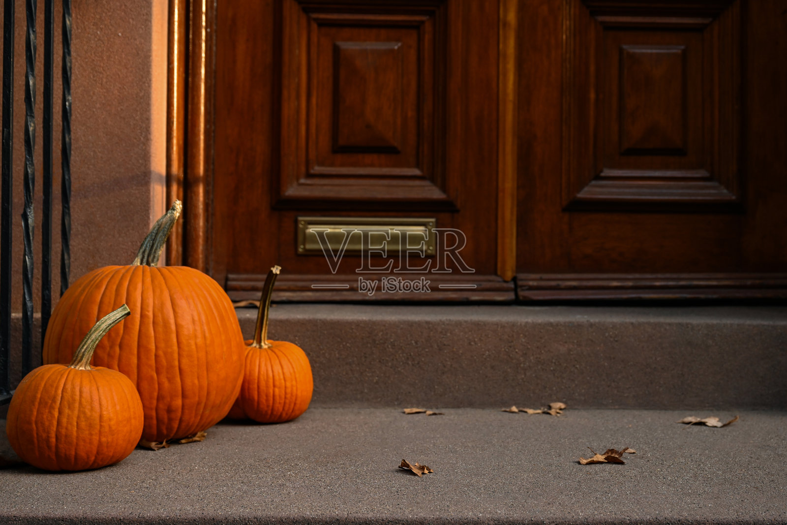门廊上的南瓜。照片摄影图片