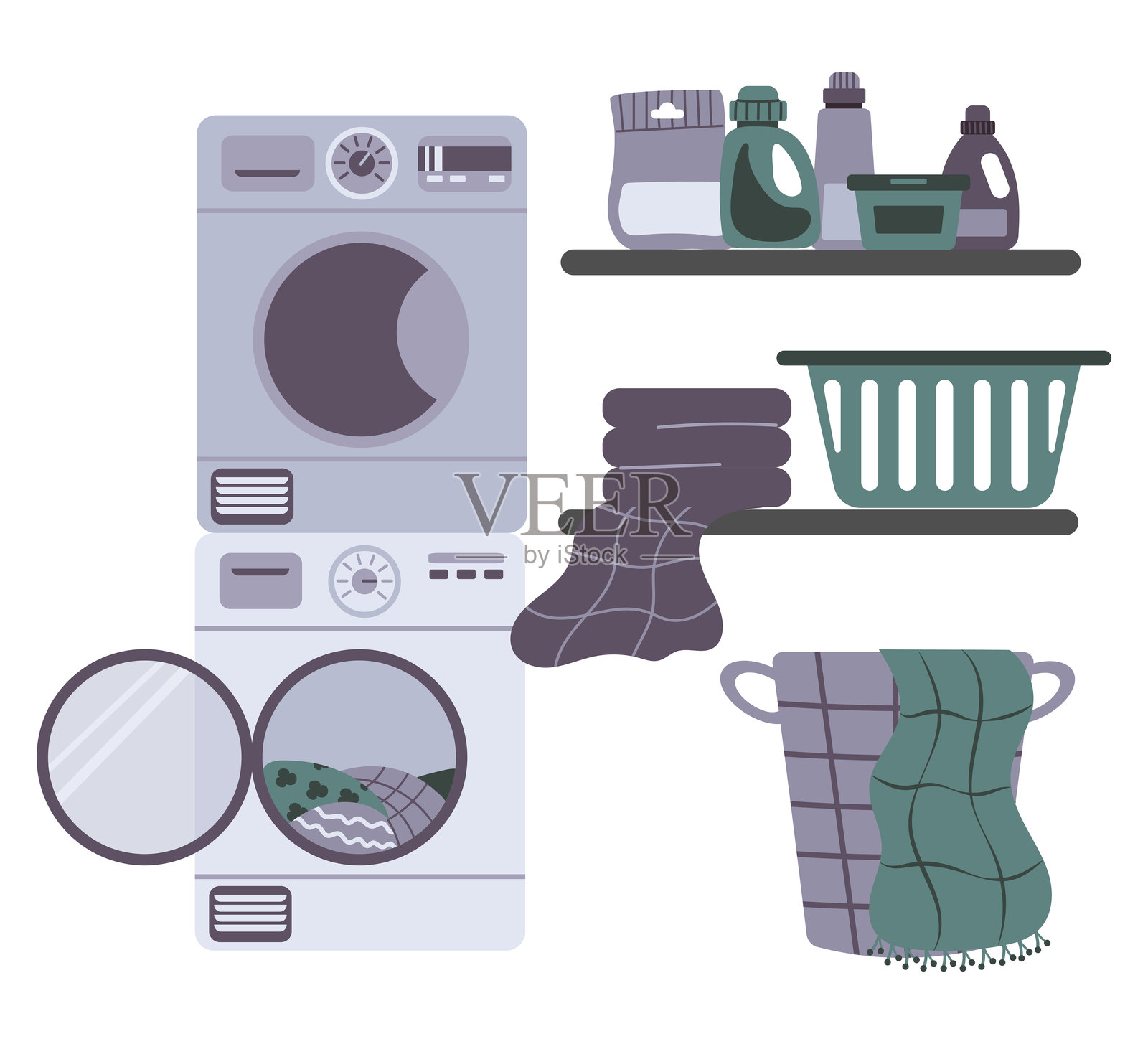 洗衣房内部，配有洗衣机、干衣机、存放家庭清洁剂的架子、洗衣粉和篮子插画图片素材
