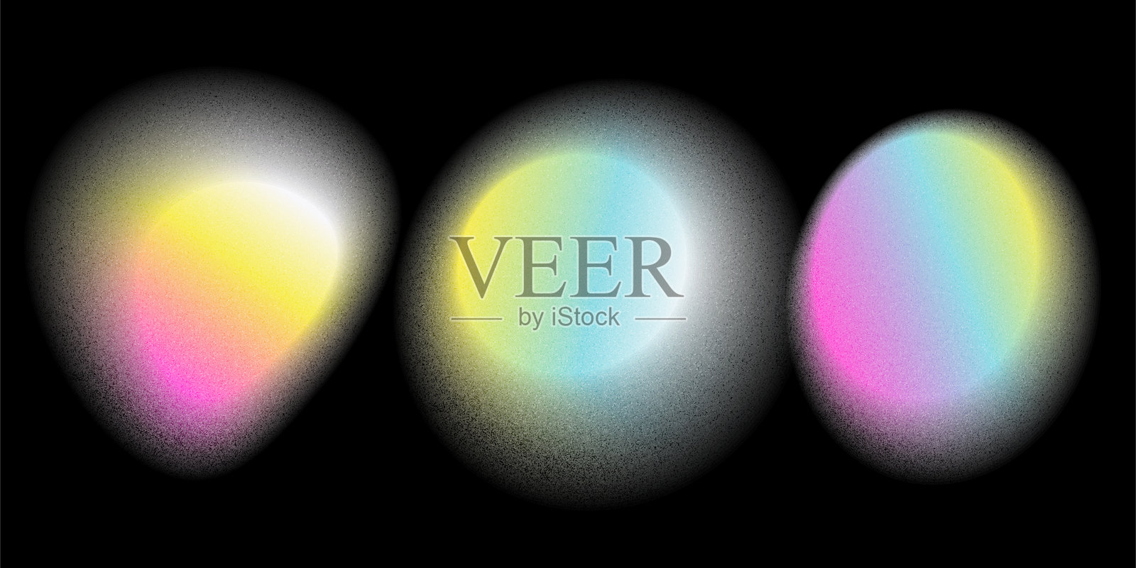 抽象渐变圆形，霓虹蓝粉色黄色光泽，流动和数字斑点形状，光和动态光环，黑色背景上的孤立EPS10矢量图插画图片素材