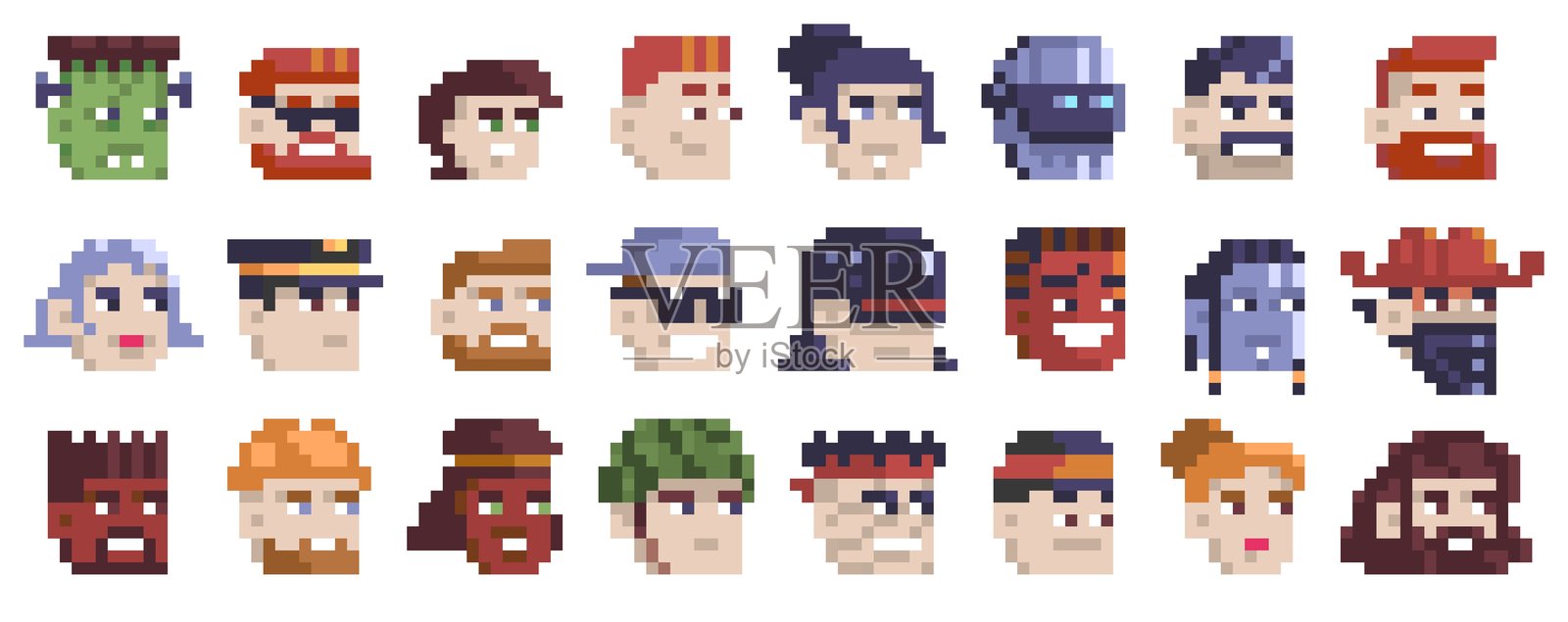 8位游戏人物头像：复古像素男女角色插画图片素材