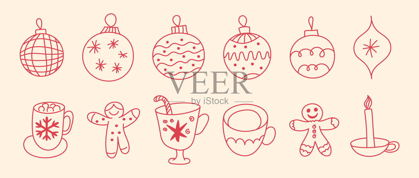 矢量奇幻圣诞线条插图，圣诞快乐和节日气氛，线条形状和形式，图标和线条风格的设计元素插画图片素材