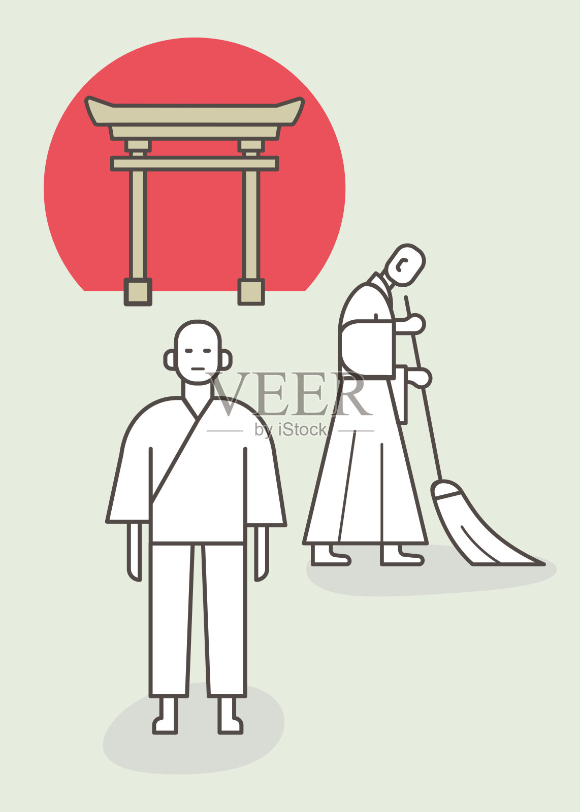 在寺庙花园里劳作的两名禅宗僧侣插画图片素材