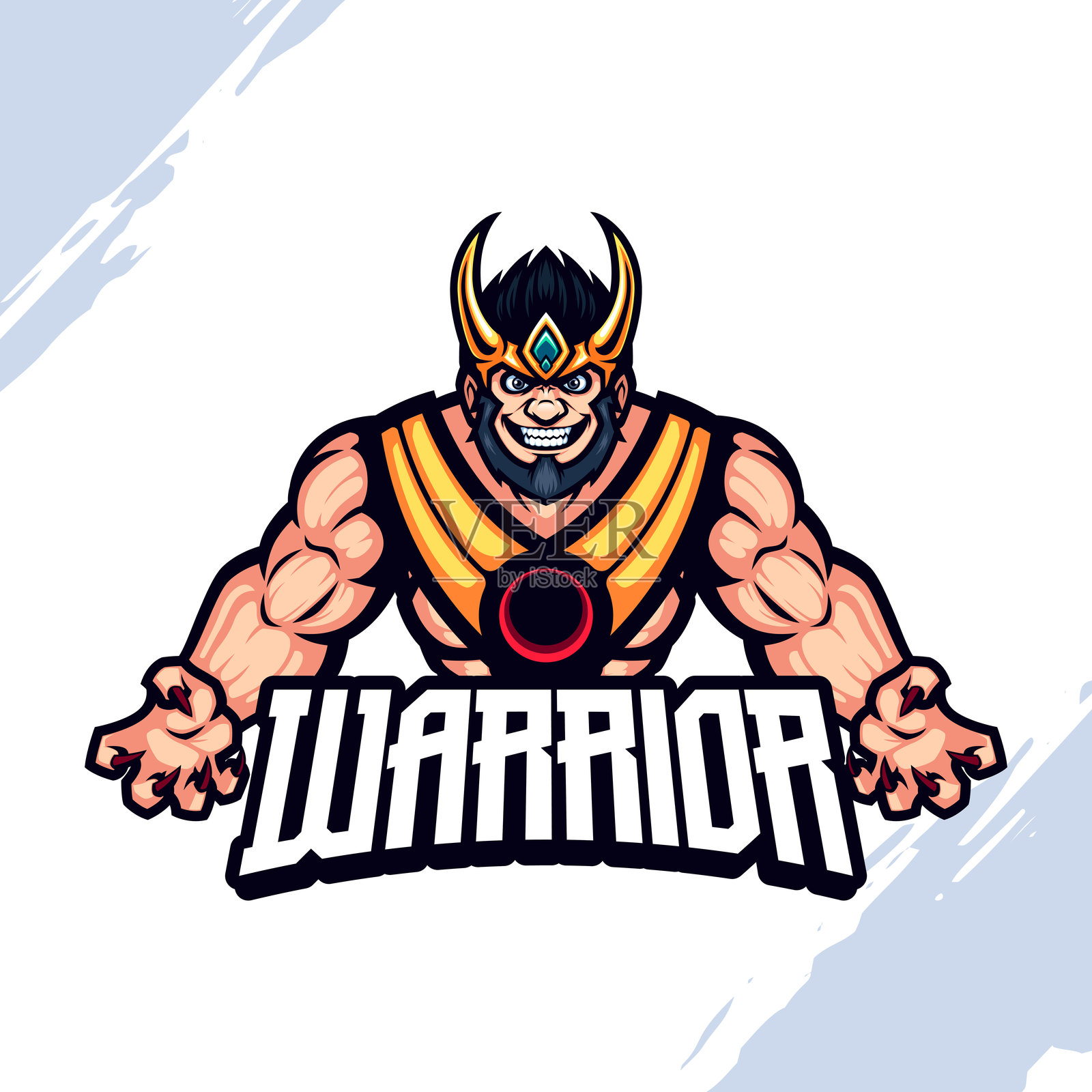 金色头盔和金色背心的强壮肌肉角斗士矢量吉祥物插画图片素材