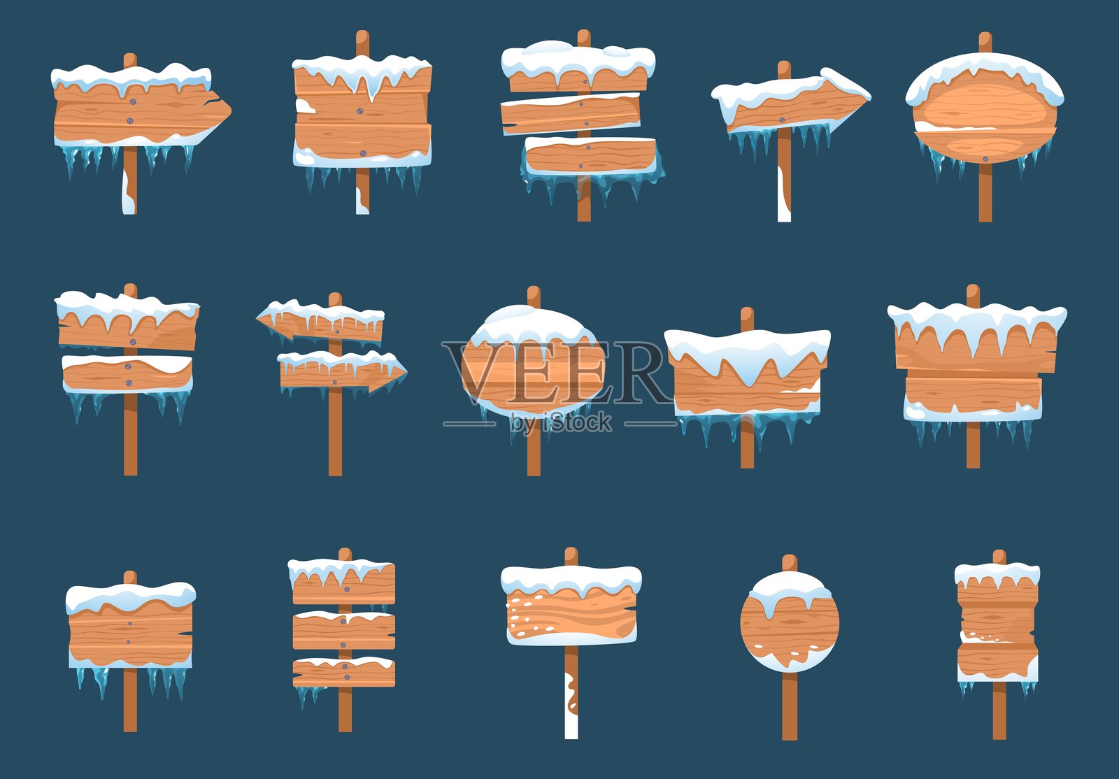 冰冻的木制标牌。卡通雪覆盖的木板和广告牌，冬季促销banner和方向面板，冰冻的雪板。矢量孤立集。插画图片素材