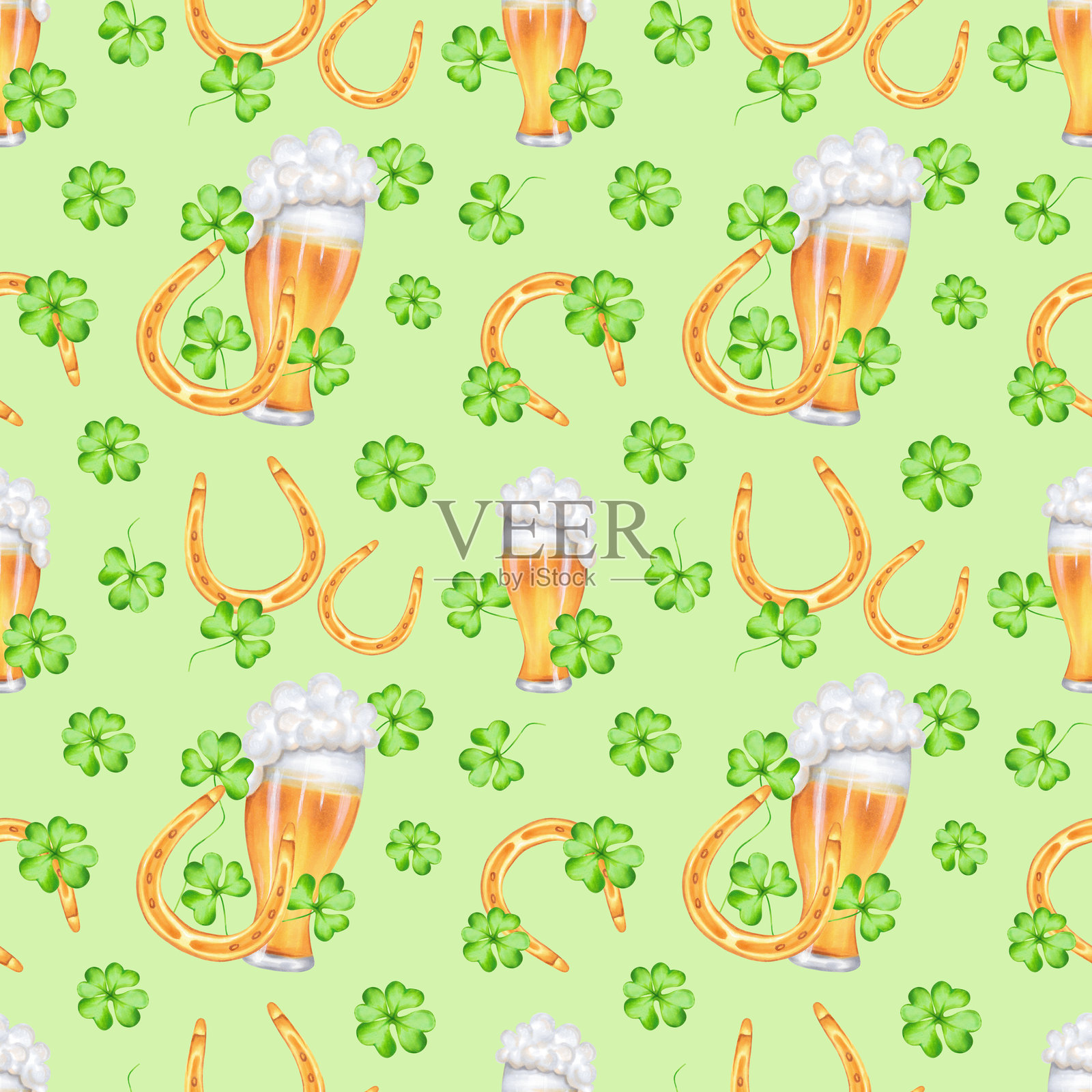 圣帕特里克节金色马蹄铁、啤酒杯和三叶草花瓣的无缝图案水彩、马克笔插图绿色背景上手绘象征着幸运、财富或成功插画图片素材