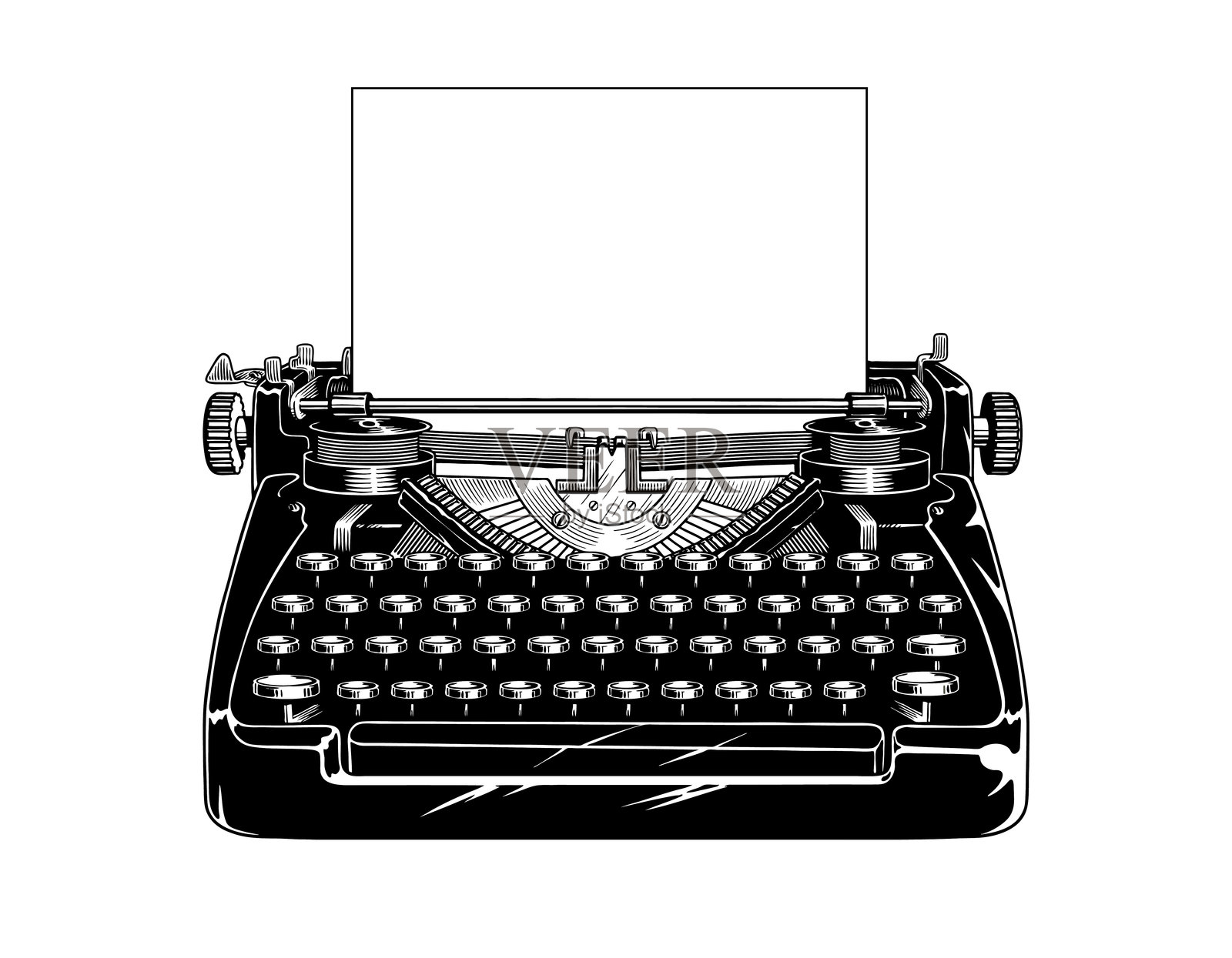 老式打字机和一张空白纸。隔离在白色背景上。黑白矢量图插画图片素材