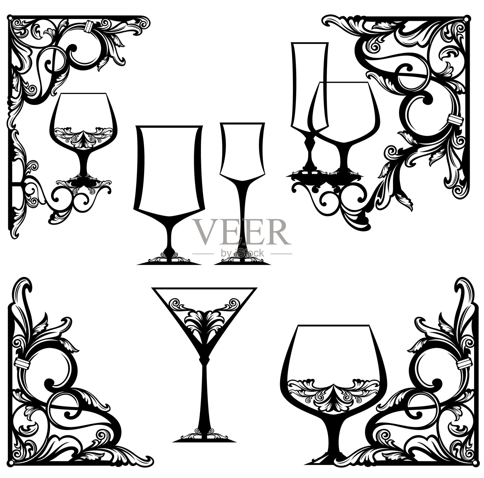 黑白眼镜矢量书法装饰元素，用于酒吧菜单卡片插画图片素材