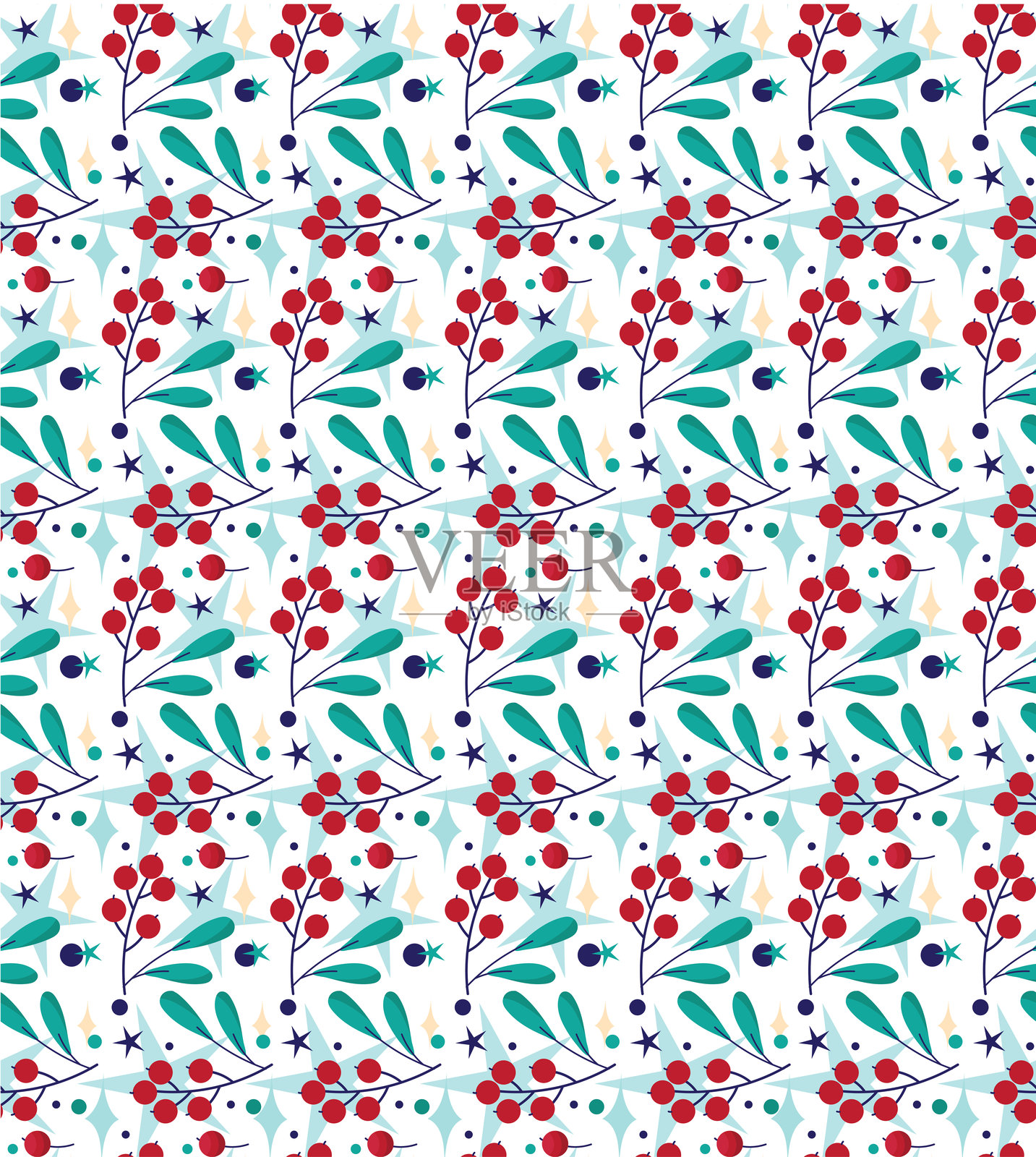 冬季无缝矢量花卉图案，带有绿色枝条插画图片素材