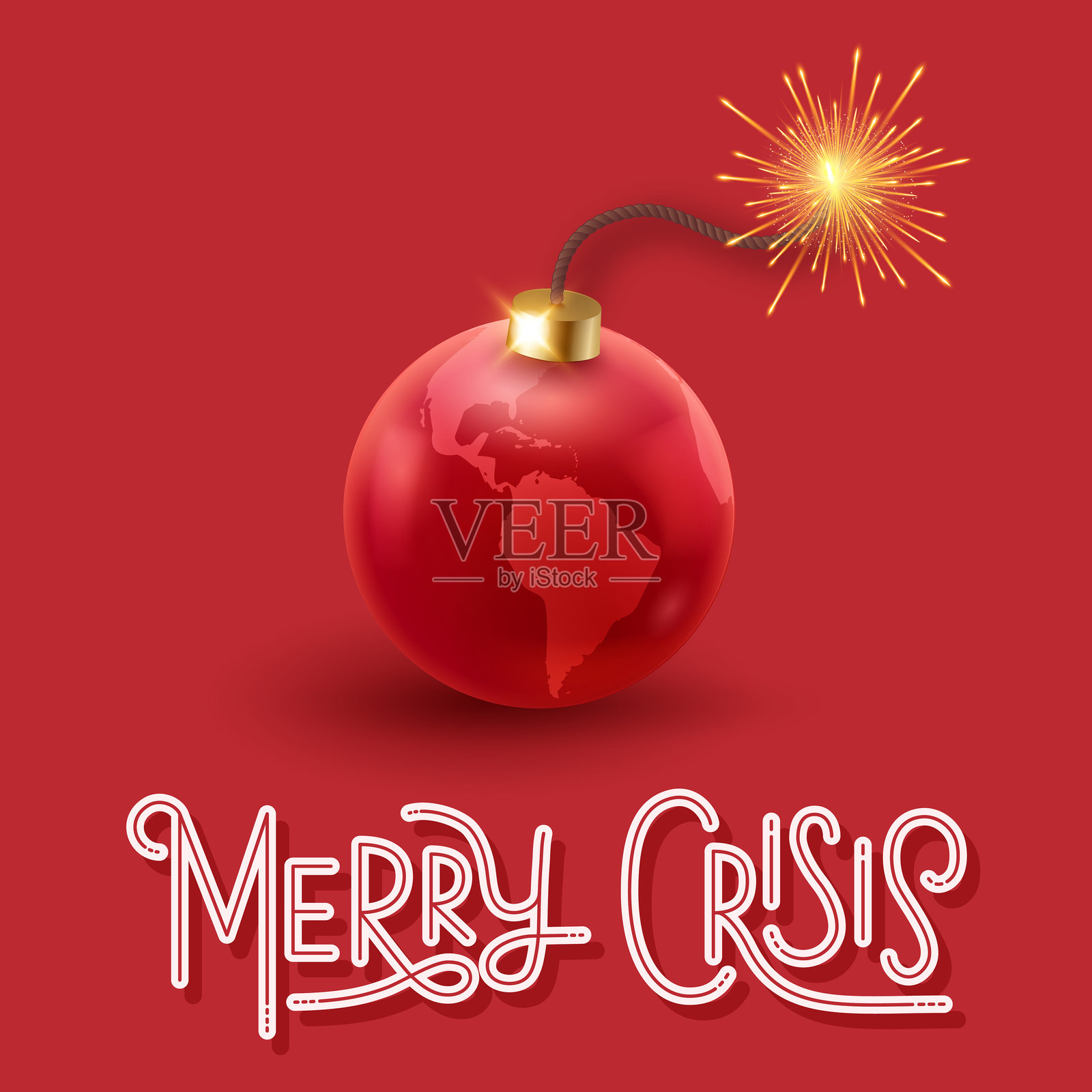 红色球形装饰品，带点燃的导火索，类似炸弹，红色背景上的文字为“Merry Crisis”插画图片素材