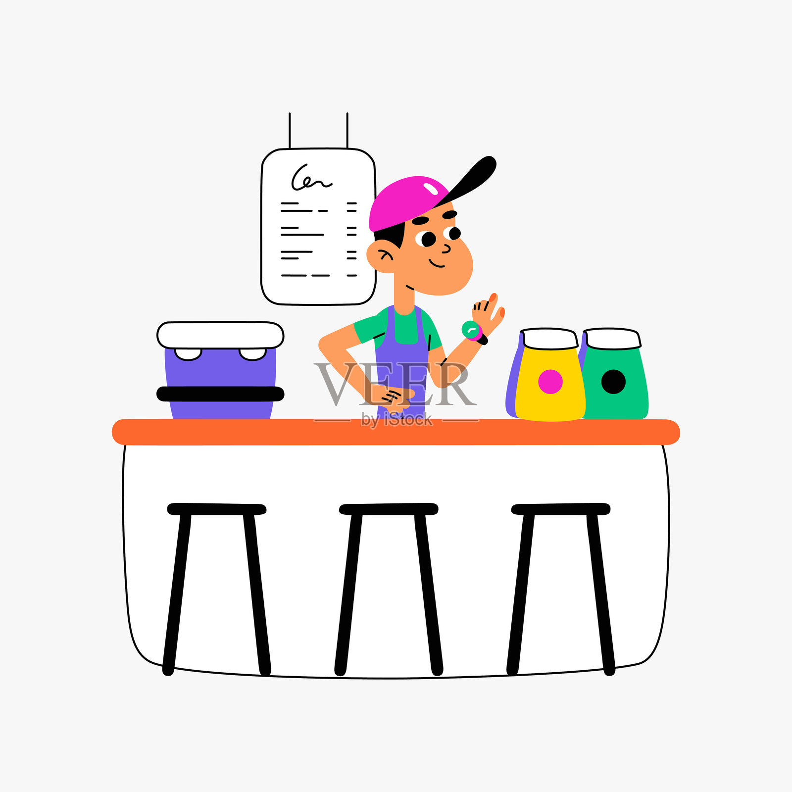 咖啡师在柜台准备咖啡的扁平矢量插图，象征着咖啡馆服务、咖啡师工作和食品行业，背景为白色。插画图片素材