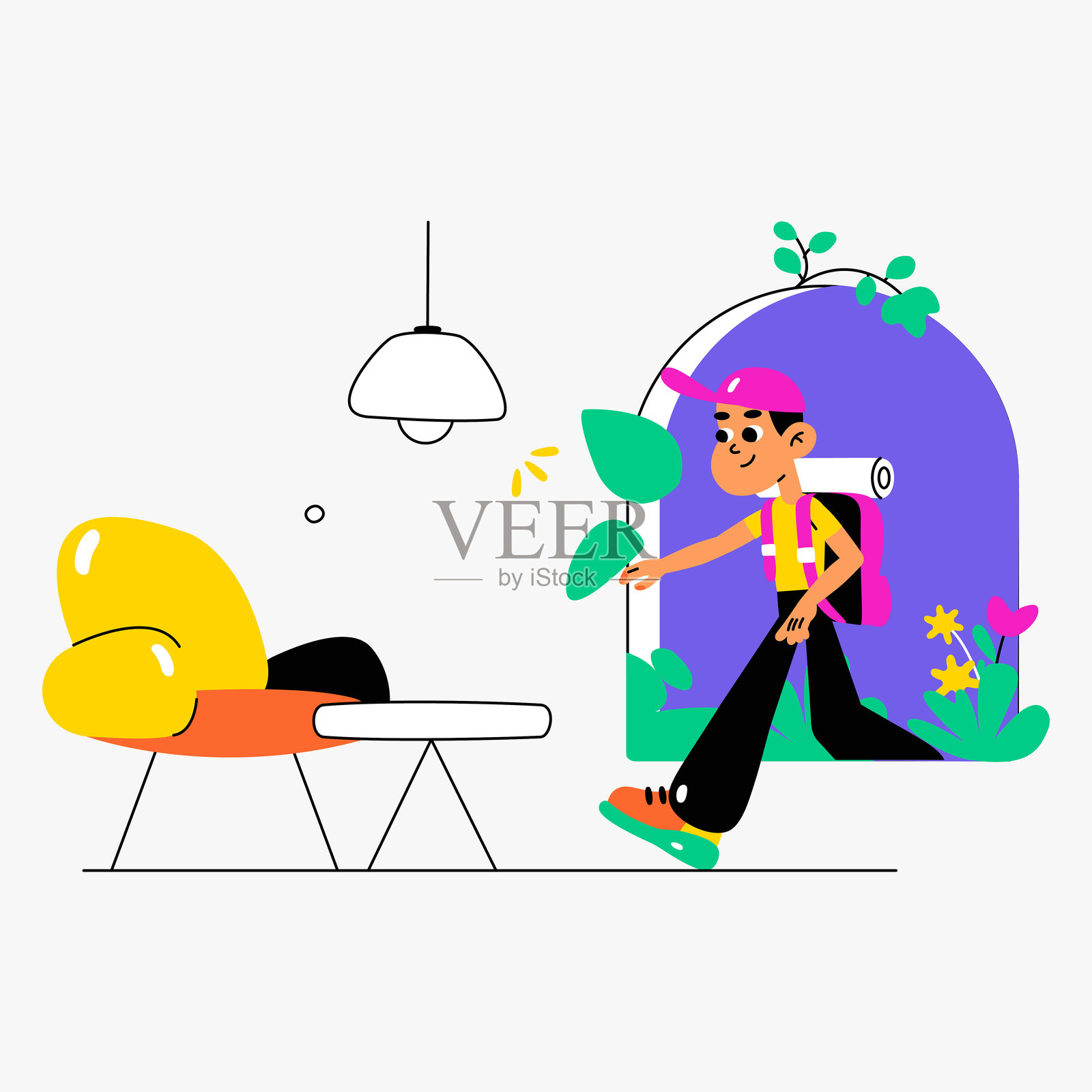 男性旅行者背着背包走进酒店房间的扁平矢量插图，象征着冒险、探索和旅行，背景为白色。插画图片素材