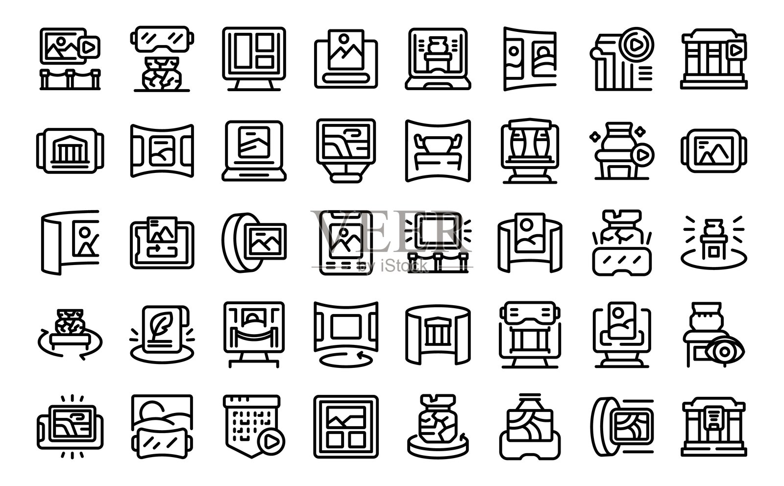 虚拟博物馆图标集轮廓矢量图。科学技术插画图片素材