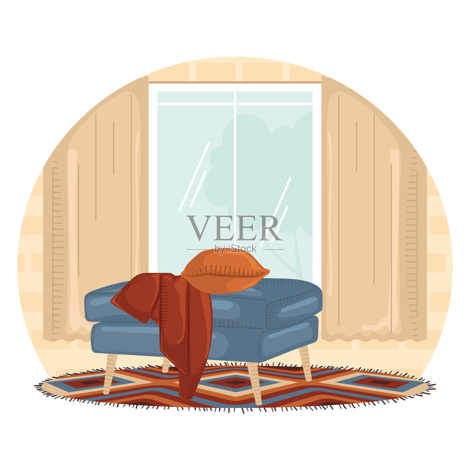 舒适的阅读角落，配有扶手椅和窗外景色，矢量图插画图片素材
