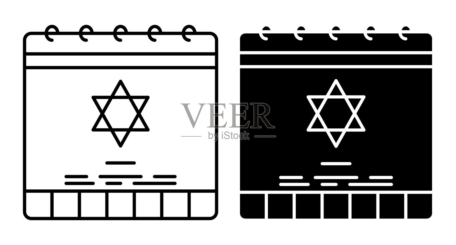 犹太光明节祈祷日历线性图标：六芒星祈祷文黑白矢量图插画图片素材