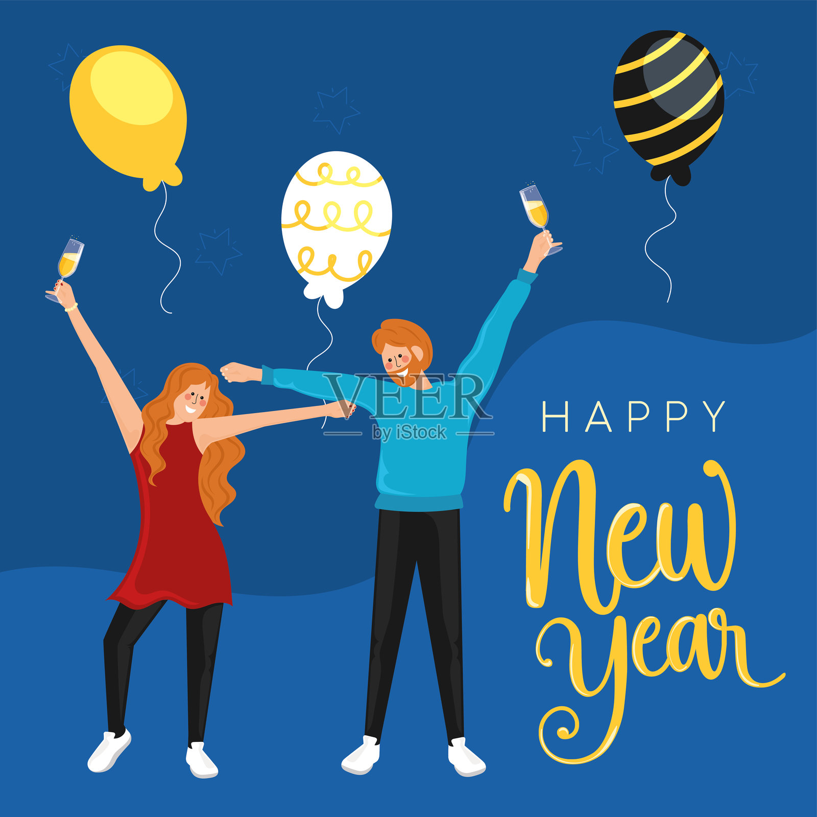 新年快乐庆祝活动，气球和香槟，矢量图插画图片素材