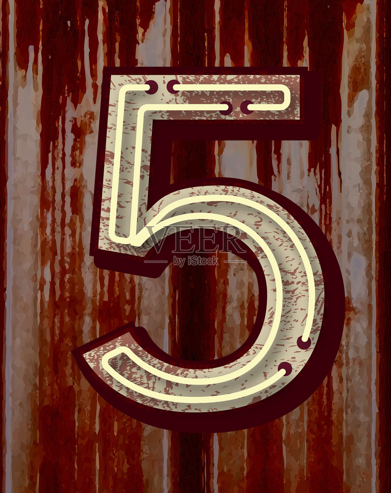 复古老式磨损生锈的金属霓虹灯标志数字5字体设计字母表插画图片素材