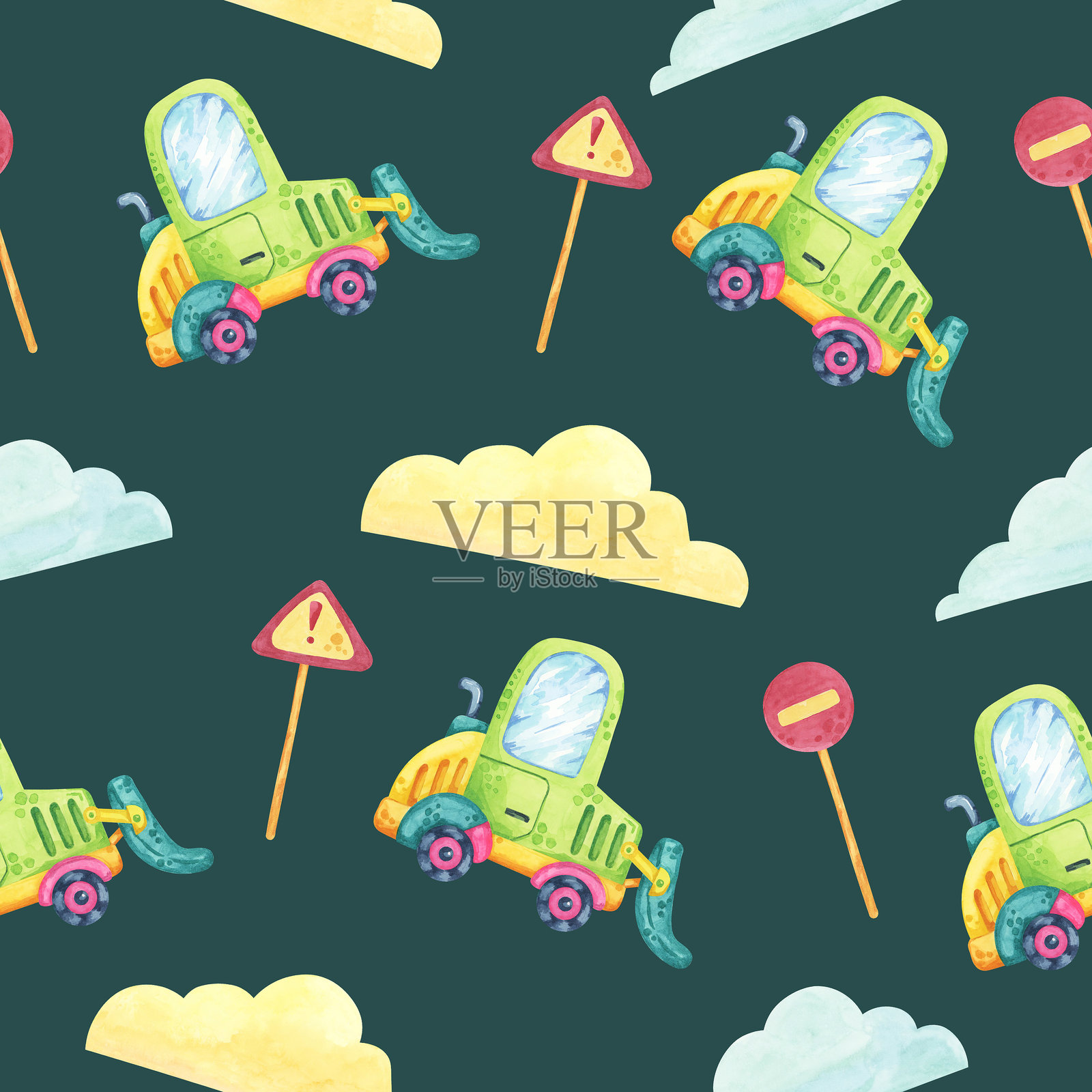 绿色卡车配蓝色窗户，黄色云朵，红色和黄色路标，背景为深绿色。卡通风格的无缝图案。插画图片素材