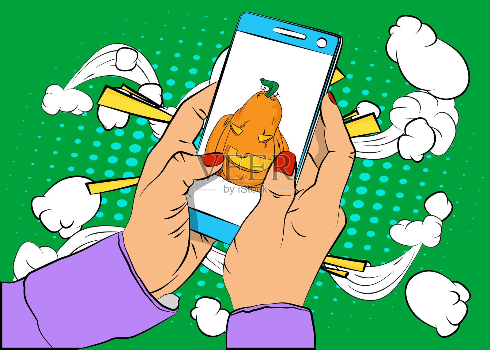 卡通风智能手机与万圣节南瓜灯插画图片素材