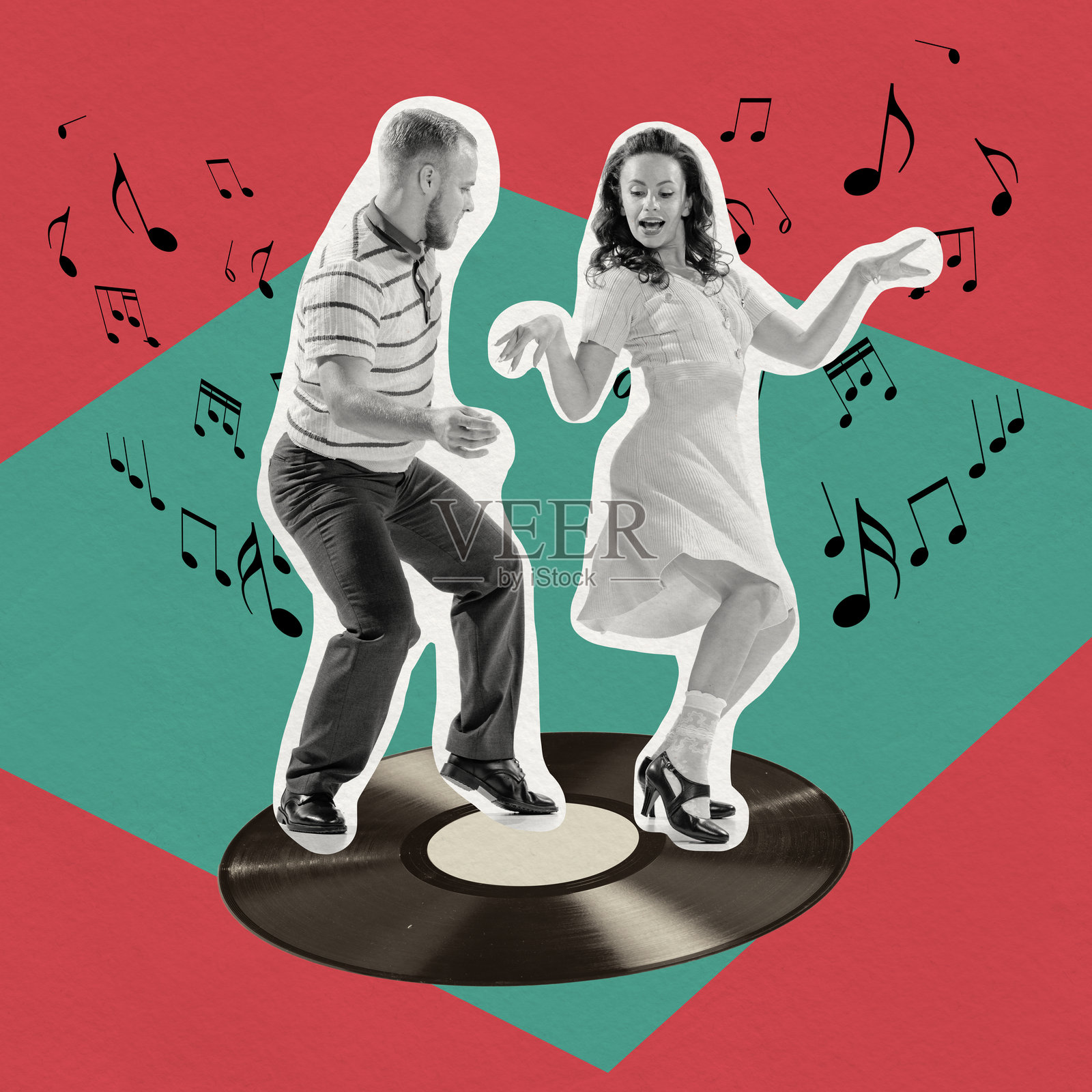 来自50年代的怀旧。优雅快乐的男女在红色和青色背景上跳舞，周围有音乐符号，背景是黑胶唱片的艺术拼贴。照片摄影图片