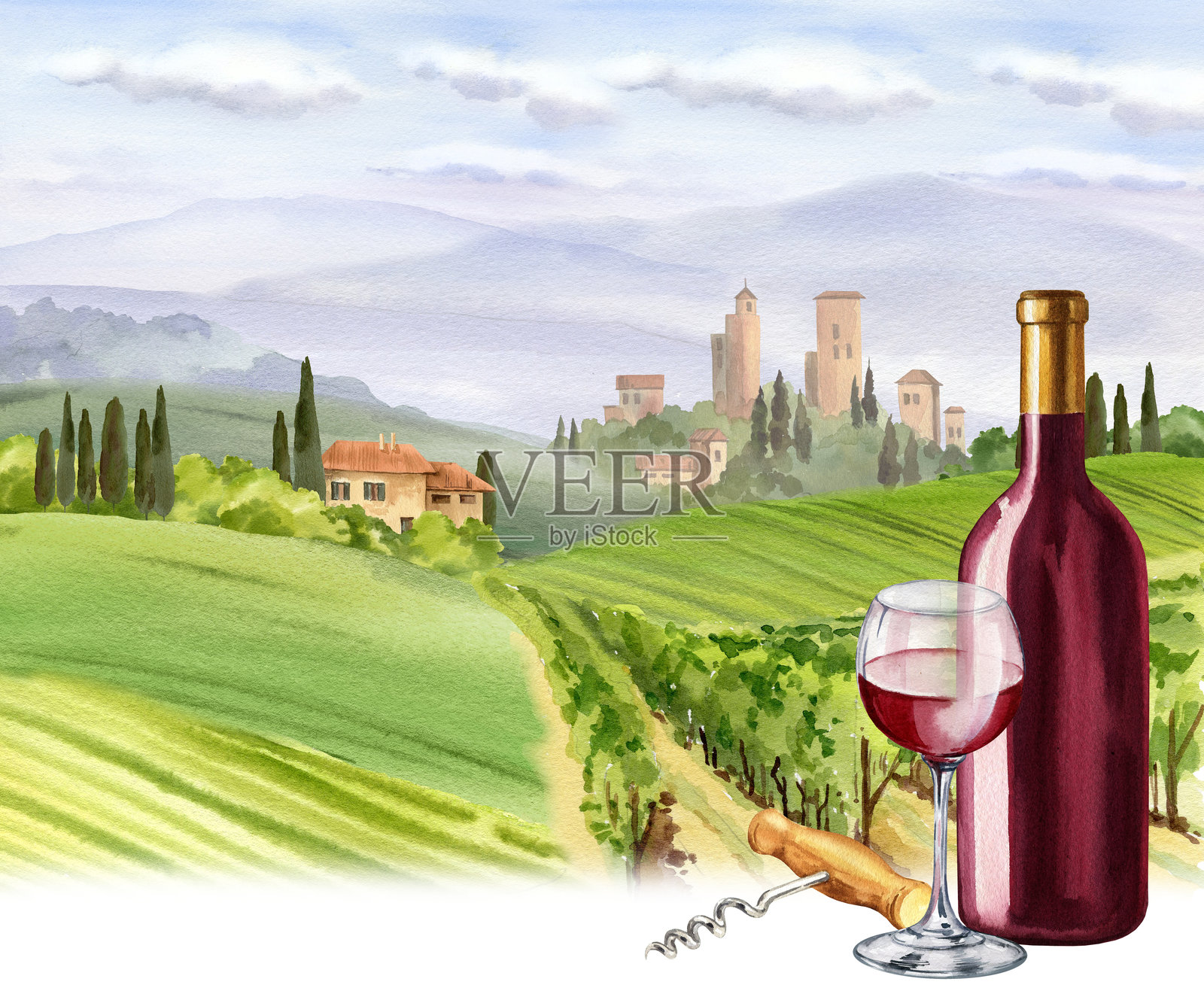 水彩画红酒瓶、酒杯、开瓶器，背景是意大利乡村风景，有塔楼和农场、柏树和灌木，手绘的托斯卡纳主题插图。插画图片素材