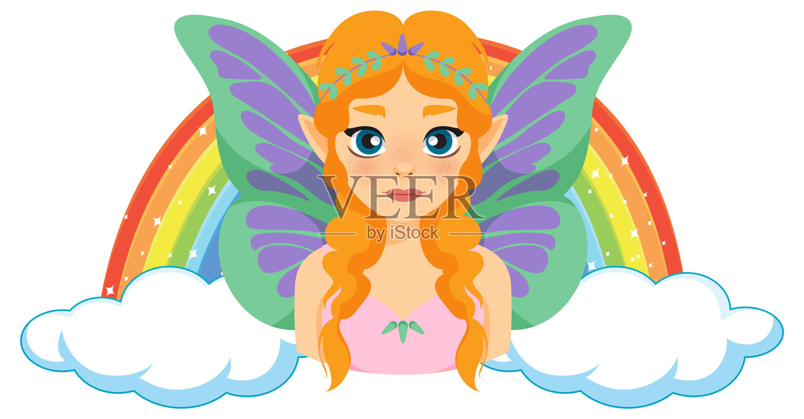 色彩斑斓的仙女，带着翅膀和彩虹背景插画图片素材