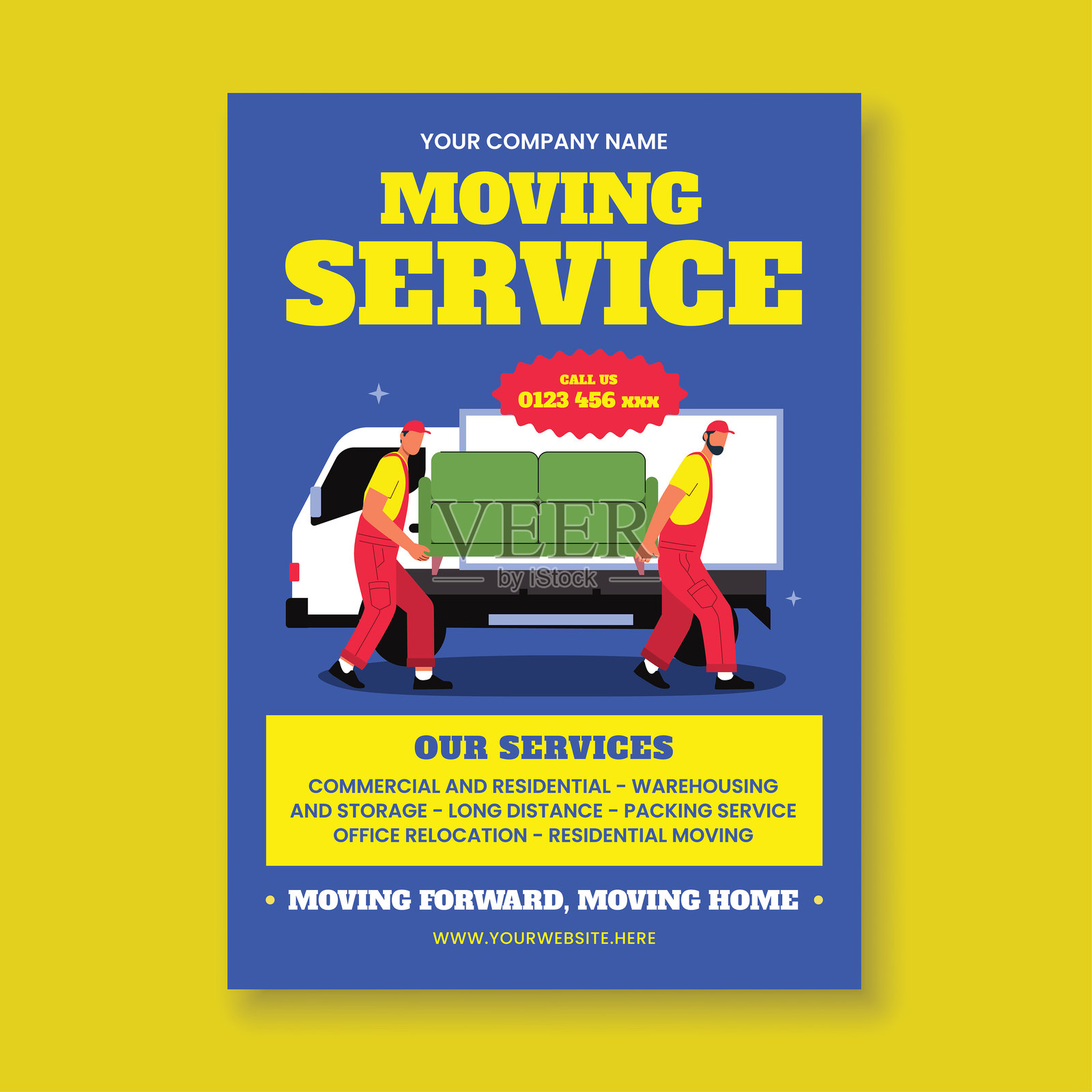 搬家服务宣传单模板，家庭搬迁与安置插画图片素材