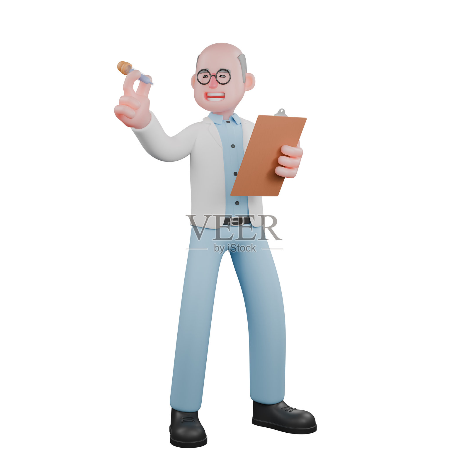 专业男性科学家3D形象。一位男性科学家站着，手持滴管和夹板。环境科学角色照片摄影图片