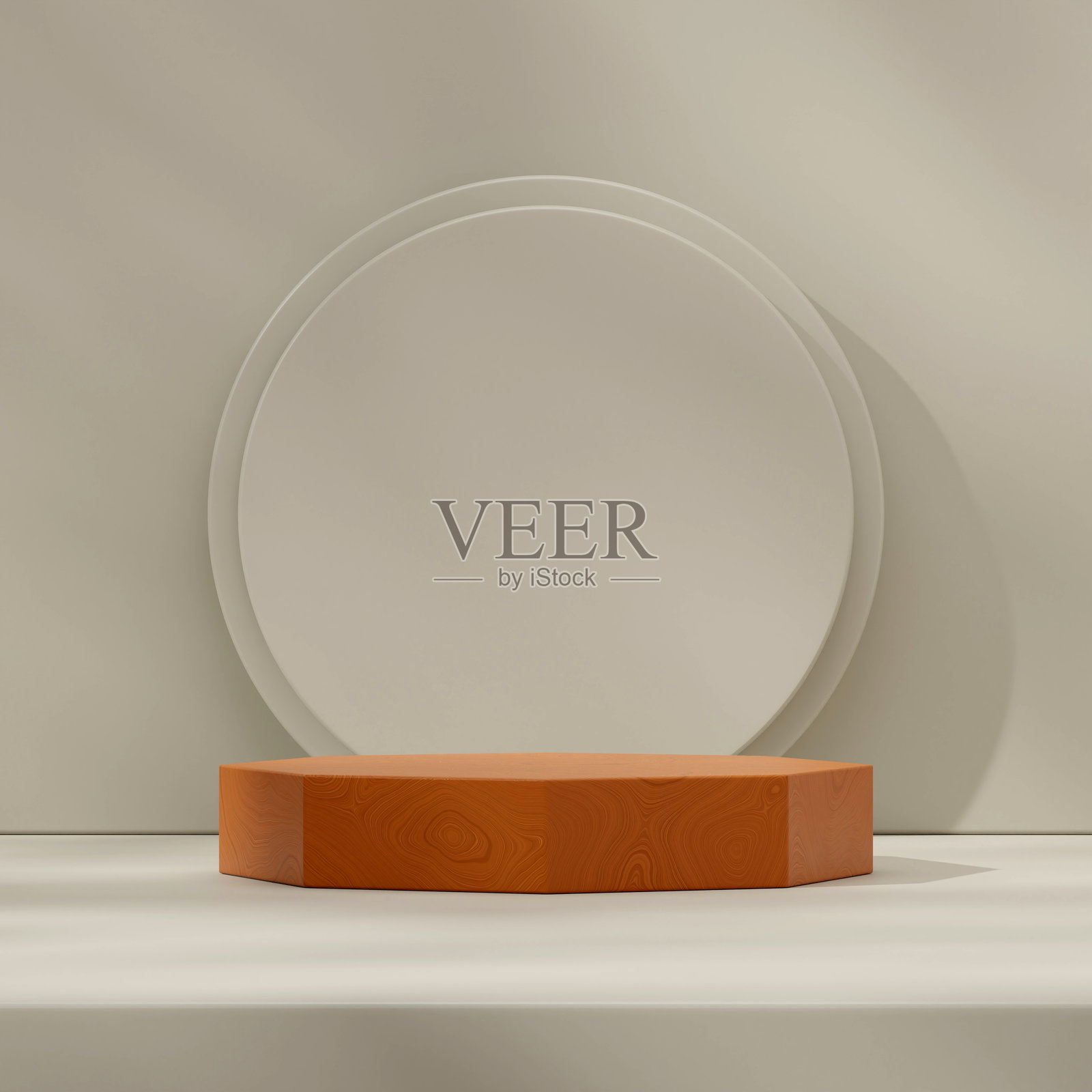 3D渲染的木纹质感讲台模板，方形底座配圆形墙面背景照片摄影图片