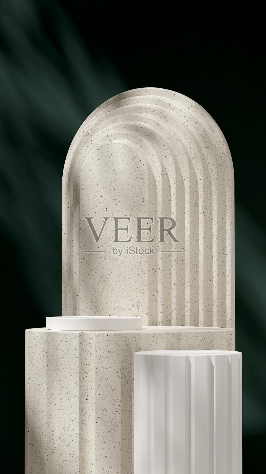 自然陶瓷纹理和白色展台的3D渲染模板模型，纵向布局照片摄影图片