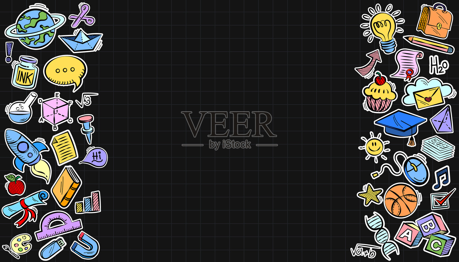 教育涂鸦贴纸框。以绿色黑板为背景的返校教育涂鸦图标符号。EPS10。手绘矢量图案背景。在线外语教育课程。插画图片素材