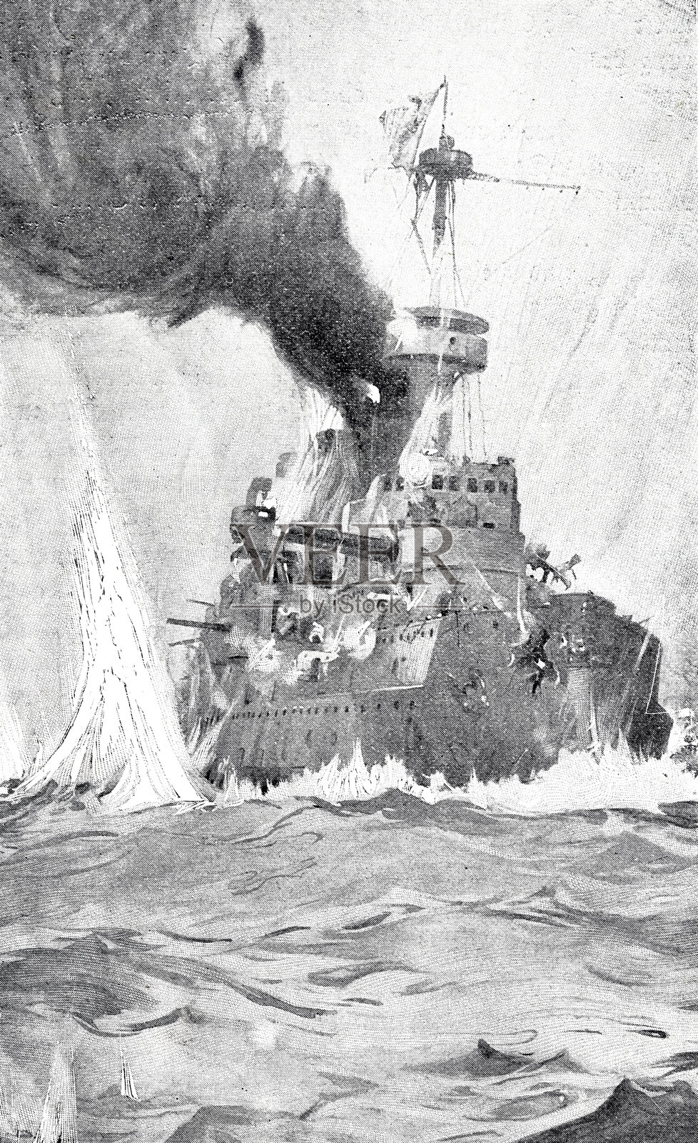 军舰遭受潜艇攻击插画图片素材