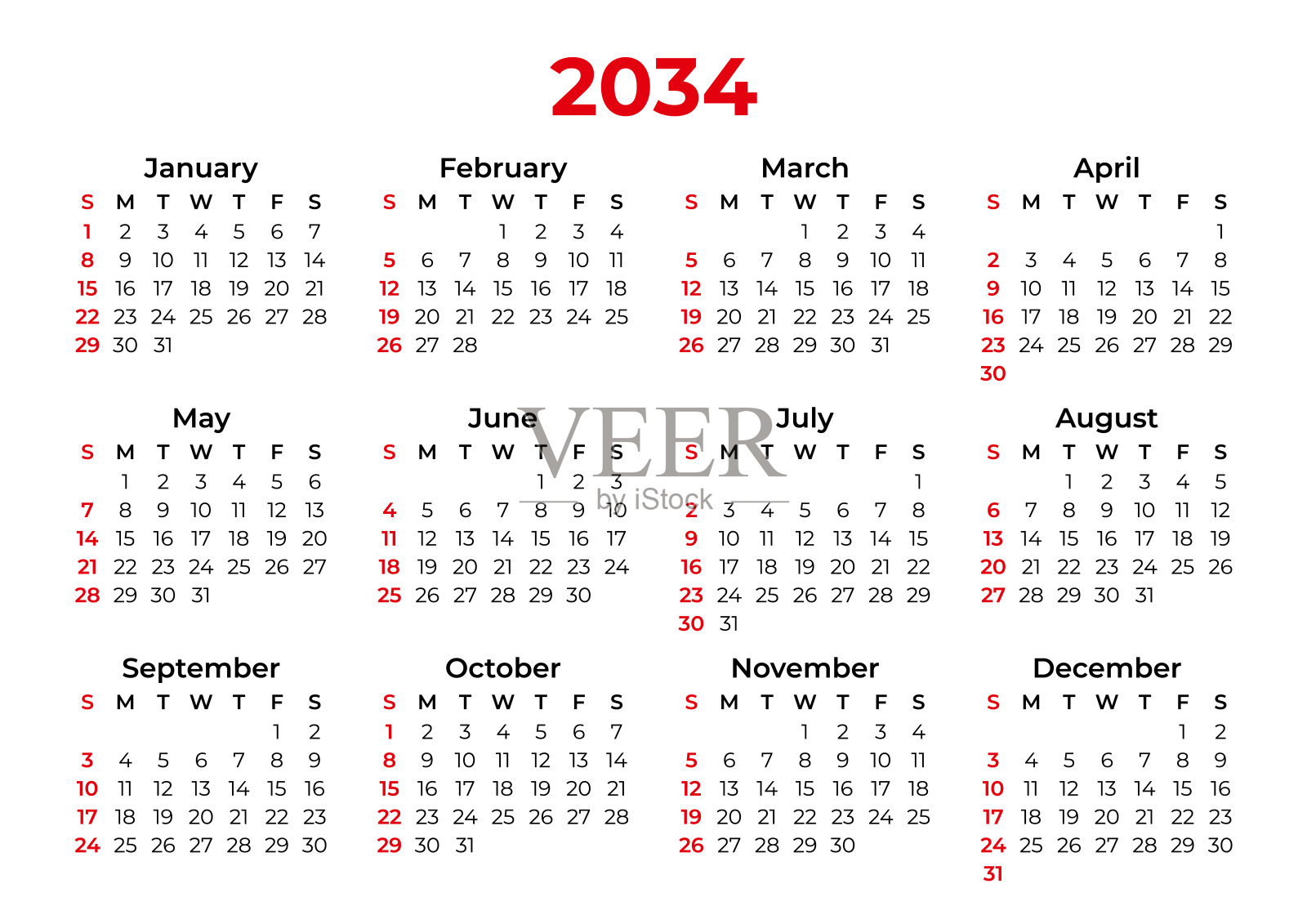 2034年日历 - 从星期天开始插画图片素材