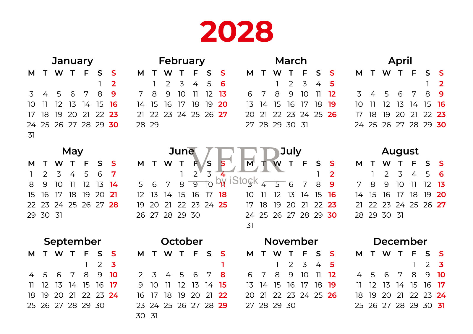 2028年日历 - 从星期一开始插画图片素材