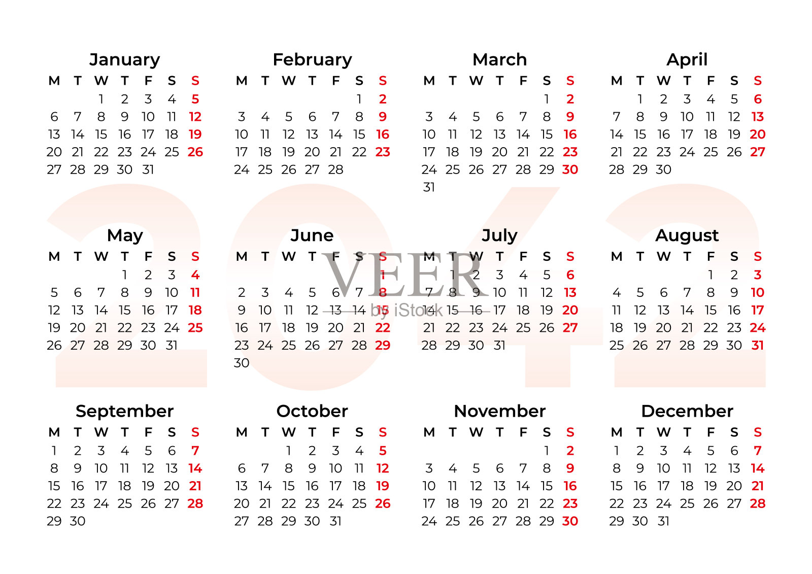 2042年日历 - 从星期一开始插画图片素材