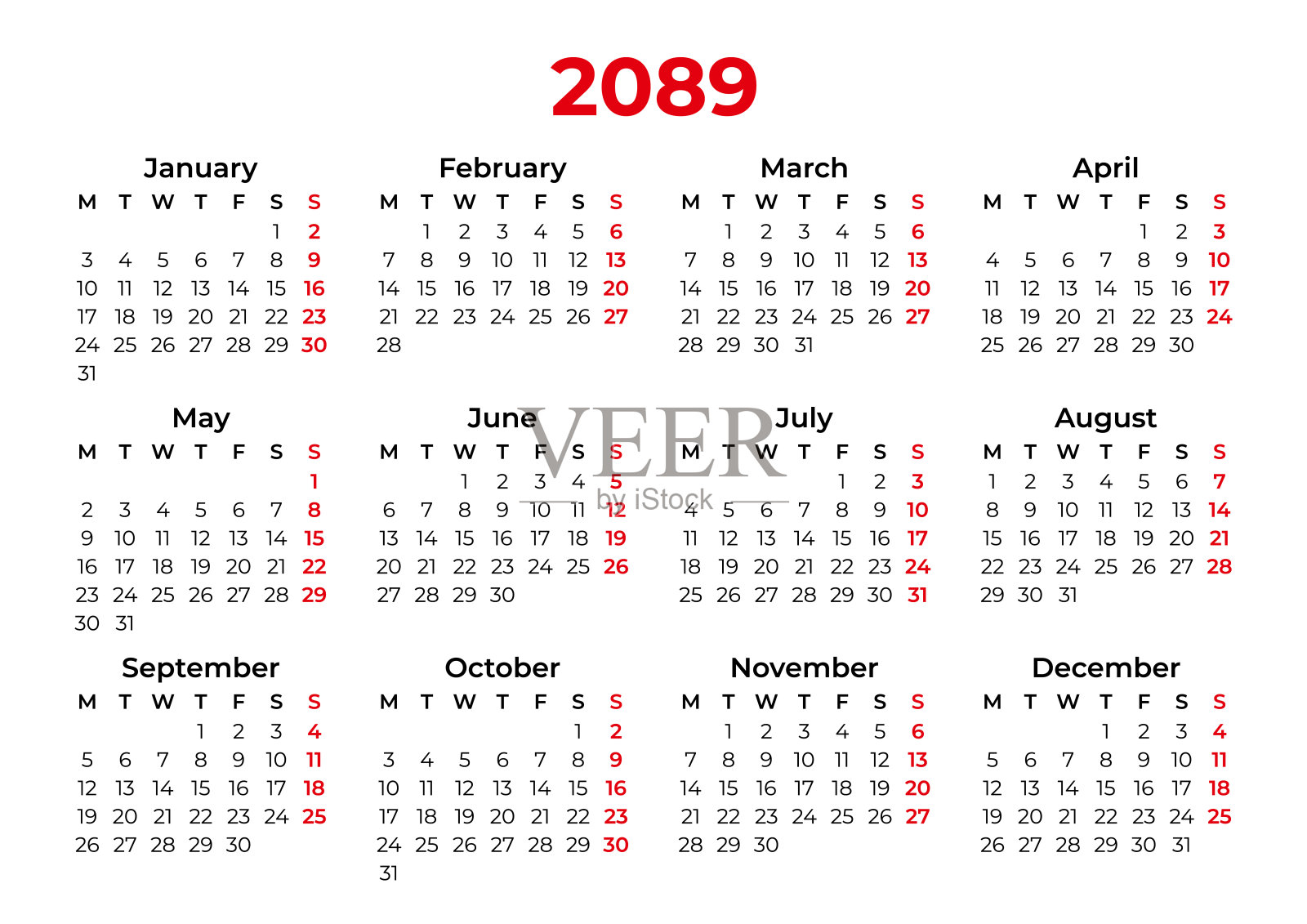 2089年日历 - 从星期一开始插画图片素材