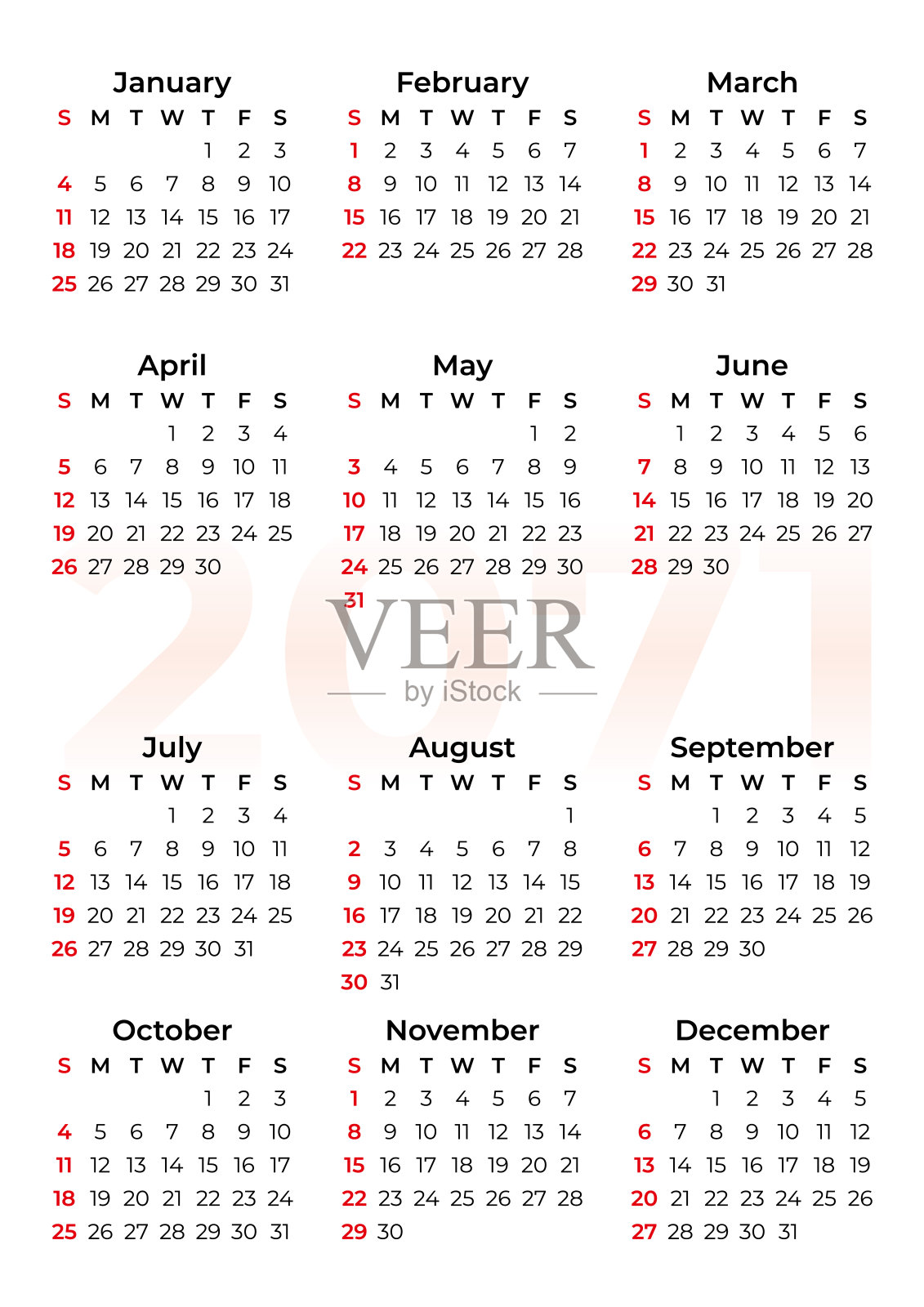 2071年的日历 - 从星期天开始插画图片素材