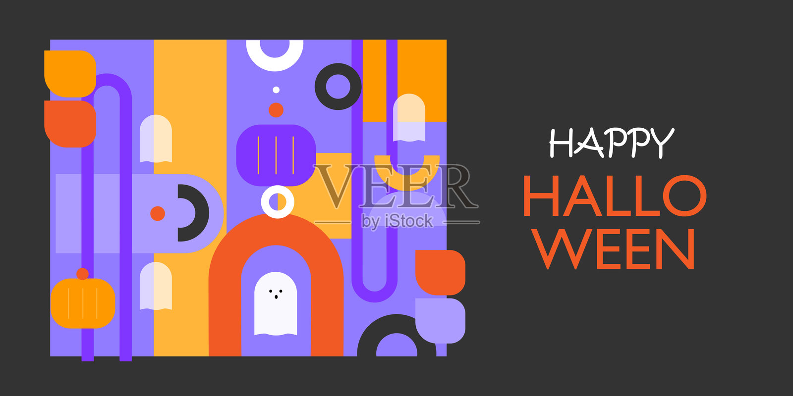 万圣节快乐横幅。深色背景上的彩色形状和鬼魂。插画图片素材