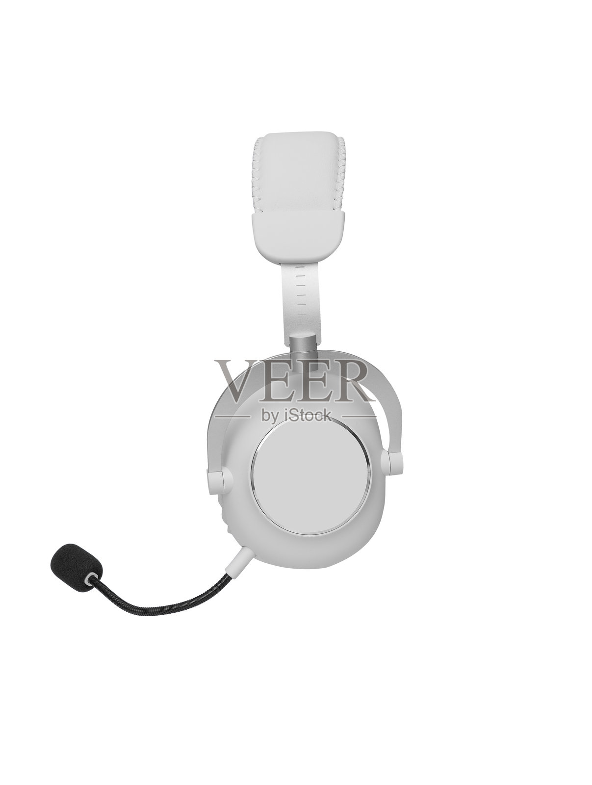 白色背景上的豪华高品质白色耳机的侧视图。用于在线教育类讲座，咨询客户，玩网络游戏。照片摄影图片