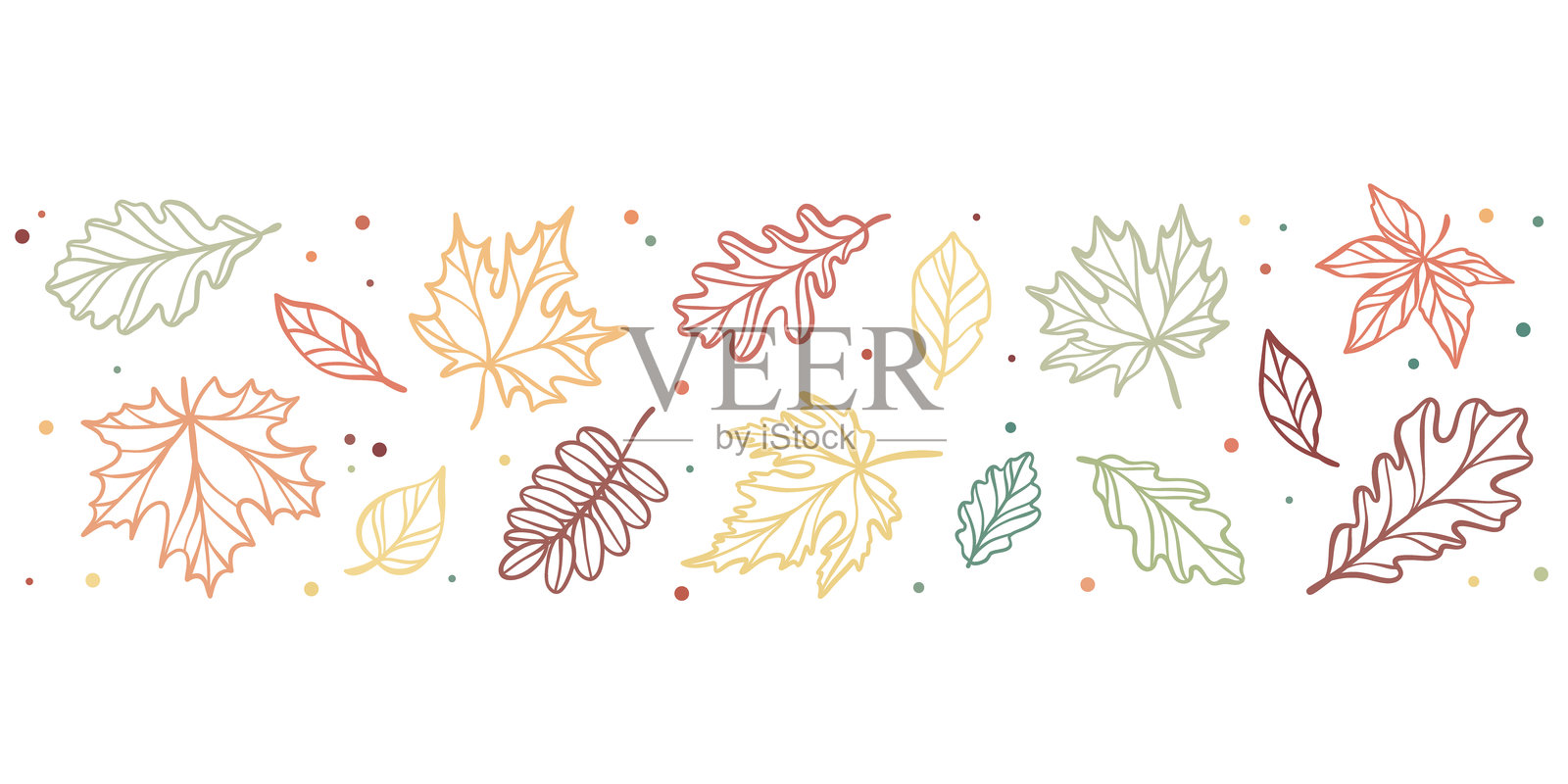 手绘彩色秋叶轮廓横幅或边框设计，适用于贺卡，矢量秋叶节日装饰元素插画图片素材
