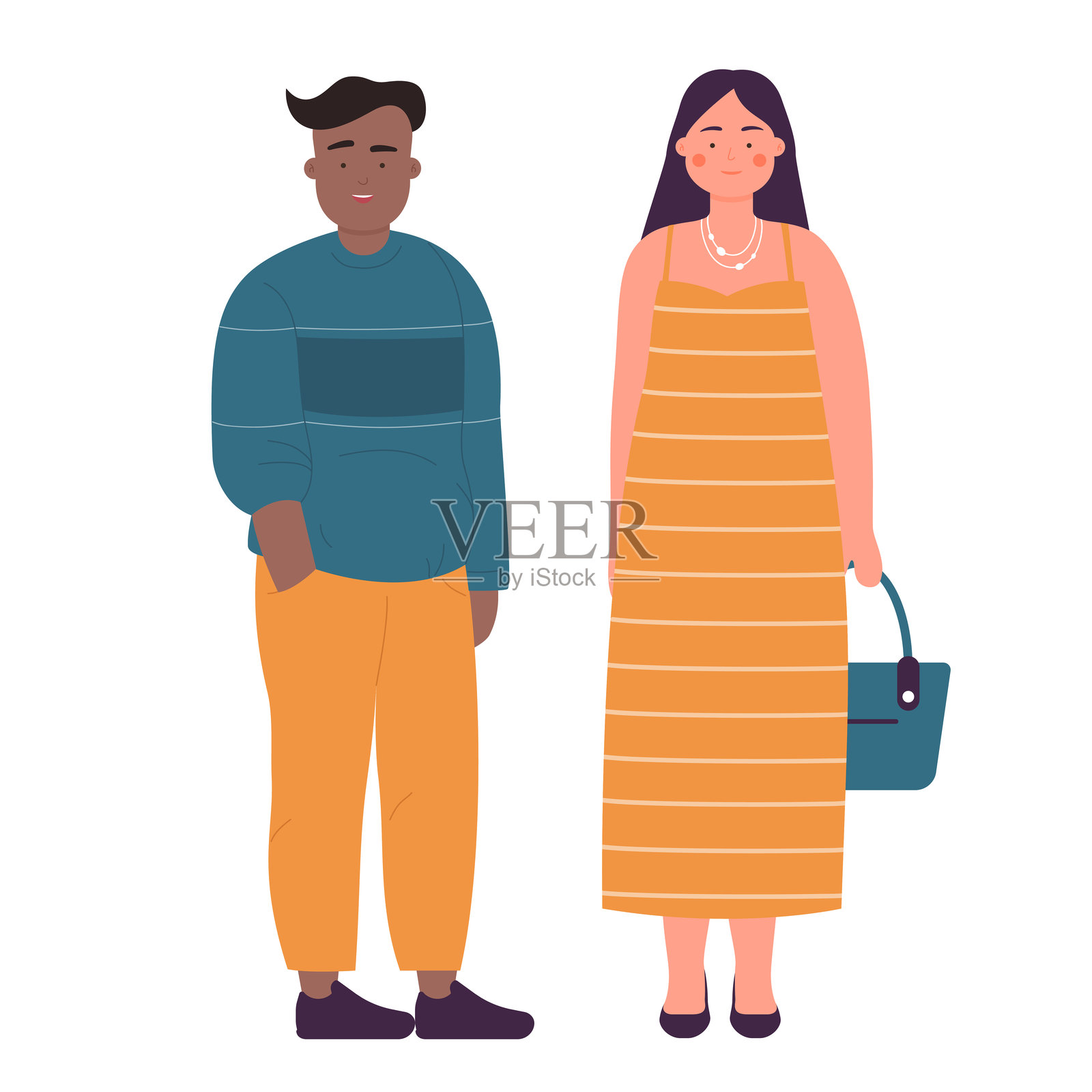 穿着休闲服的超重情侣插画图片素材