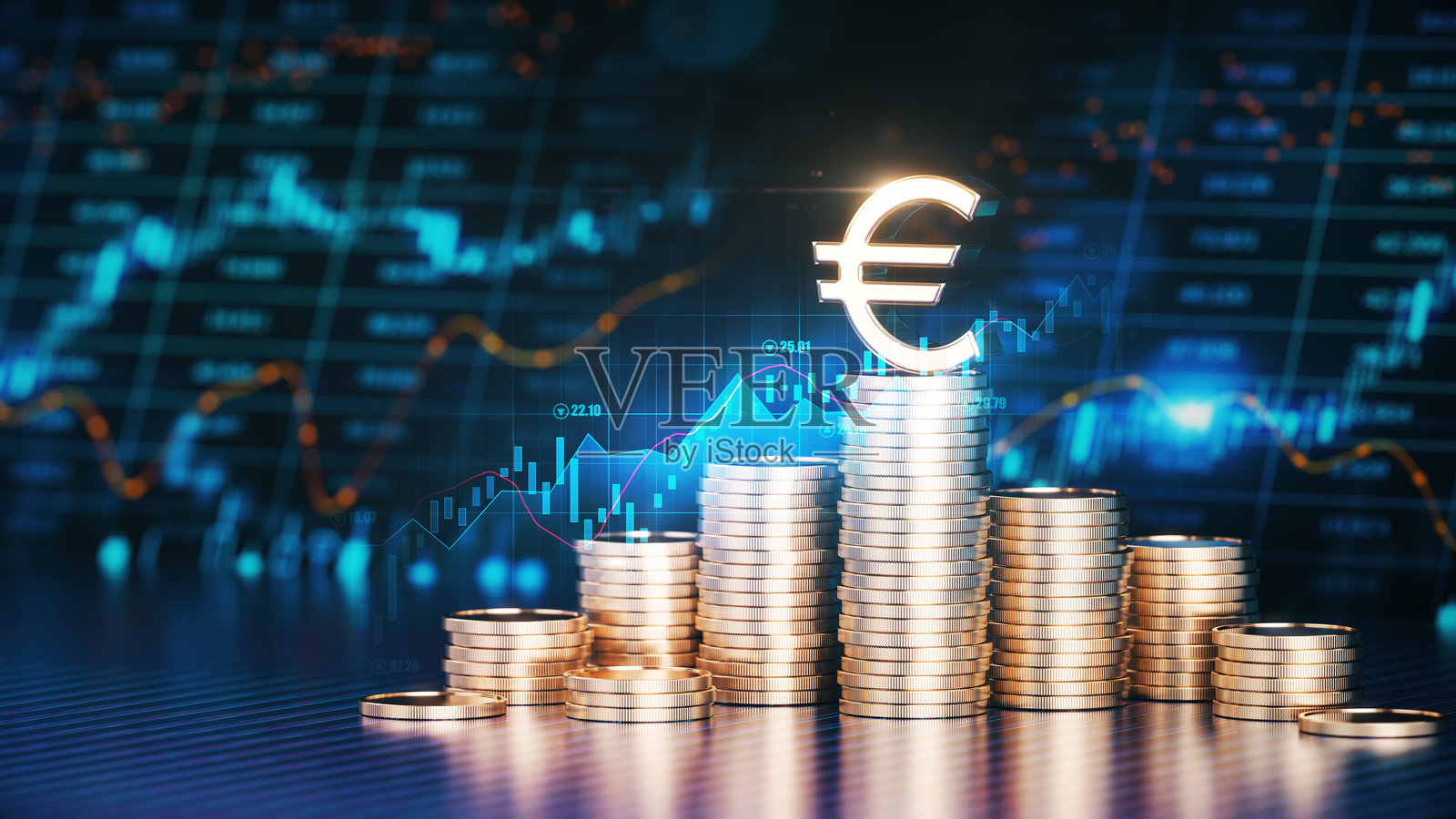 金融图表背景前方的硬币堆上方的欧元符号照片摄影图片