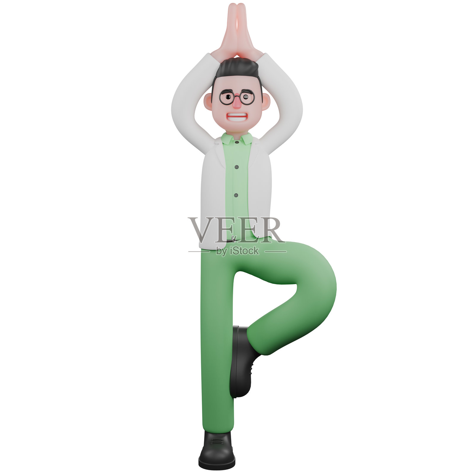 3D男性生物学家的插图。一位男性生物学家做着瑜伽姿势，特别是树式，一条腿抬起，双手合十在头顶上方。专业卡通风格。照片摄影图片