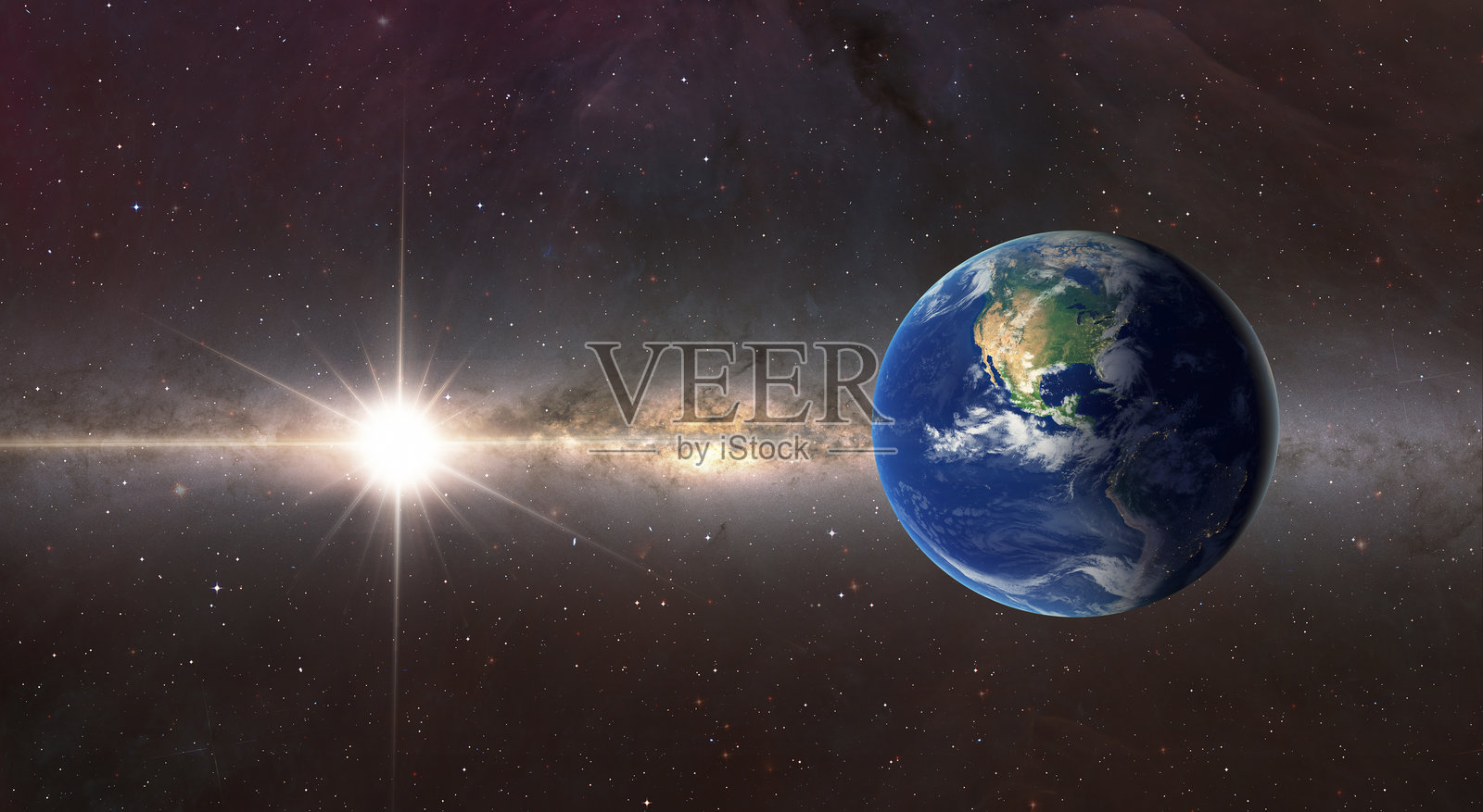 地球上的昼夜，背景是银河系照片摄影图片