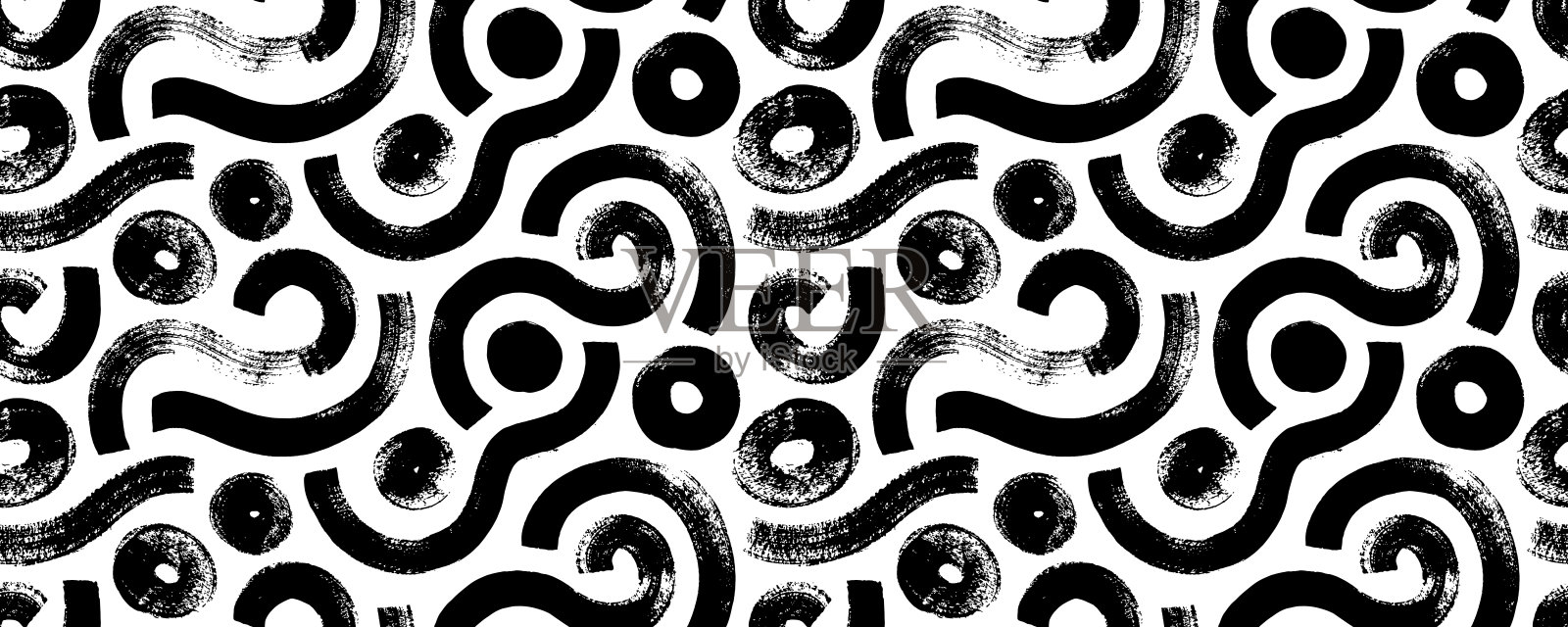 粗犷的几何无缝图案，带有粗大胆的弯曲笔触和圆形。手绘矢量涂鸦线条，厚重形状，粗糙边缘的几何元素。自然背景。插画图片素材