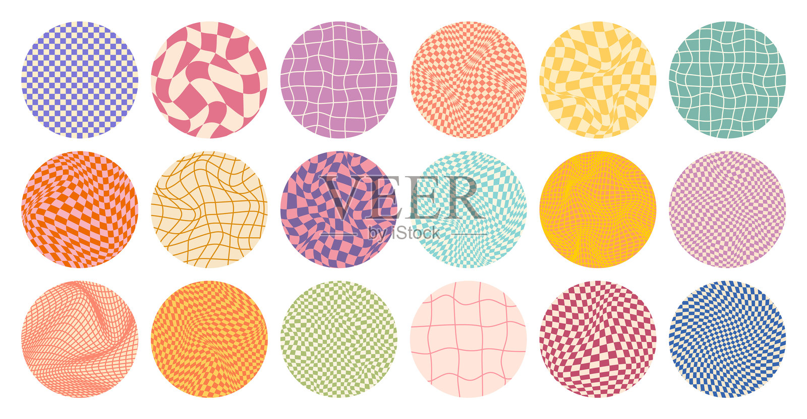 复古的波浪曲线背景，扭曲效果，色彩斑斓的圆形方格网格。时髦的棋盘几何纹理，90年代风格的复古背景，Y2K。矢量插图插画图片素材