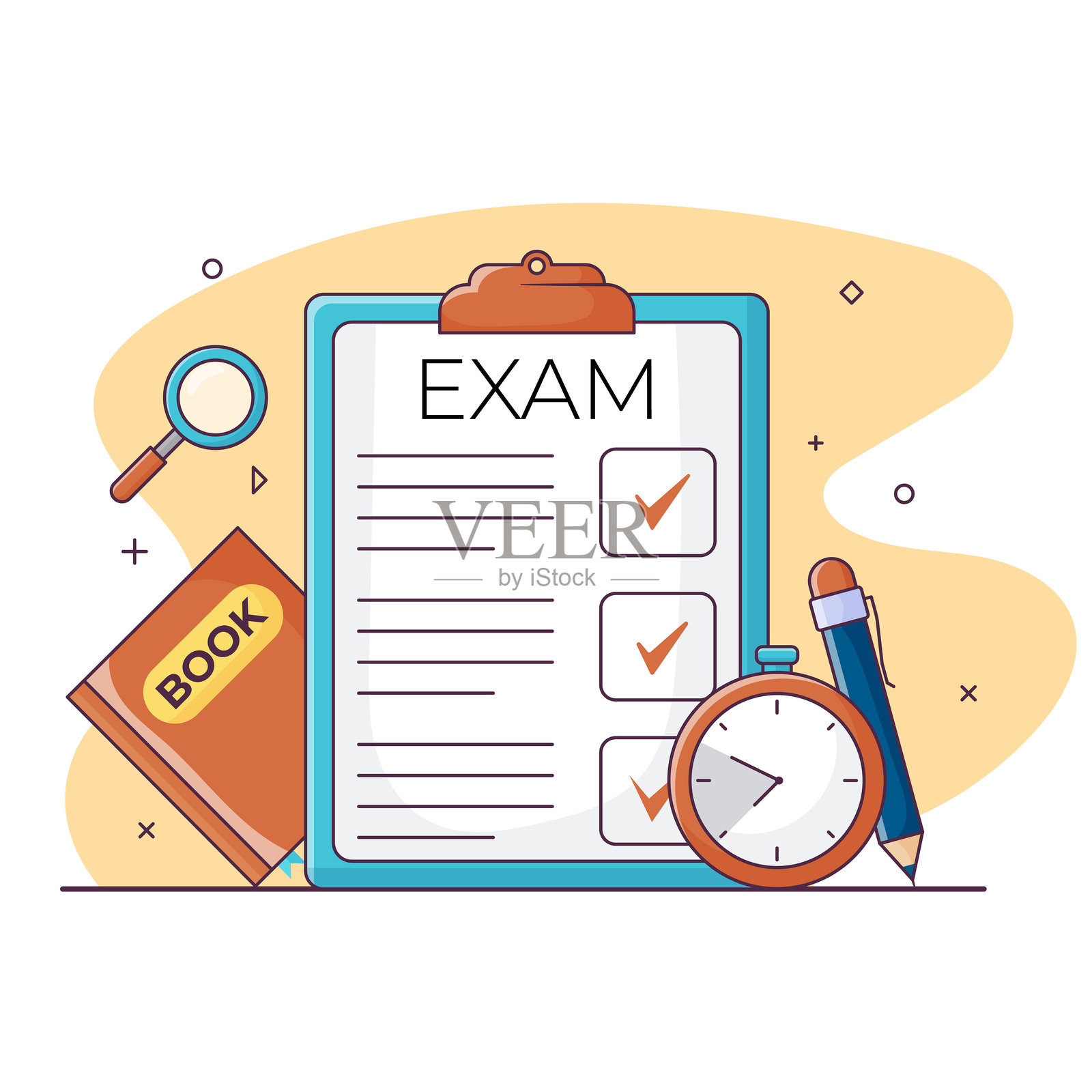 插图：学校考试，考试板，书籍，秒表，铅笔，放大镜，孤立在白色背景上插画图片素材