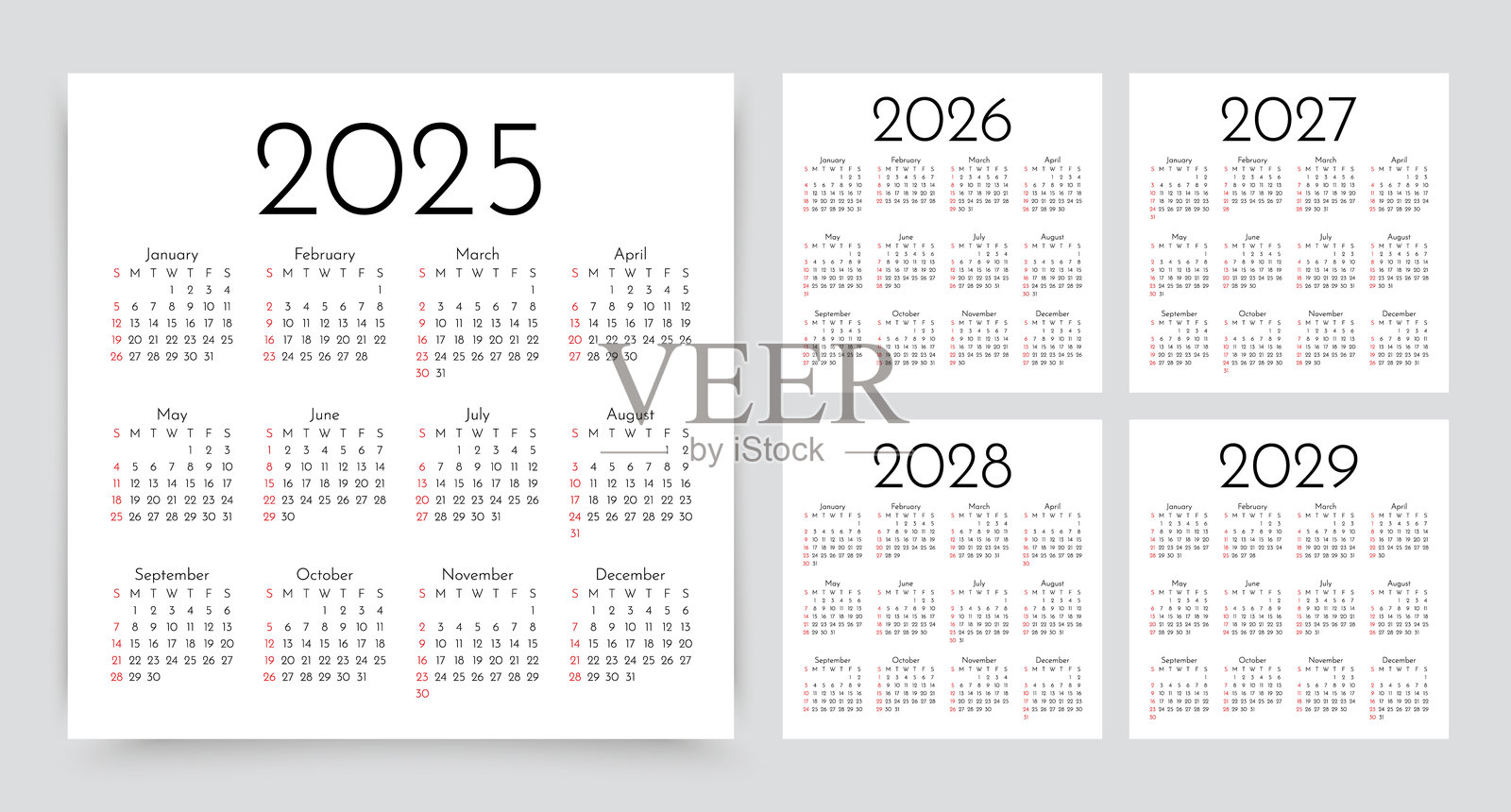 2025、2026、2027、2028、2029年日历。年度计划模板。矢量插图。插画图片素材
