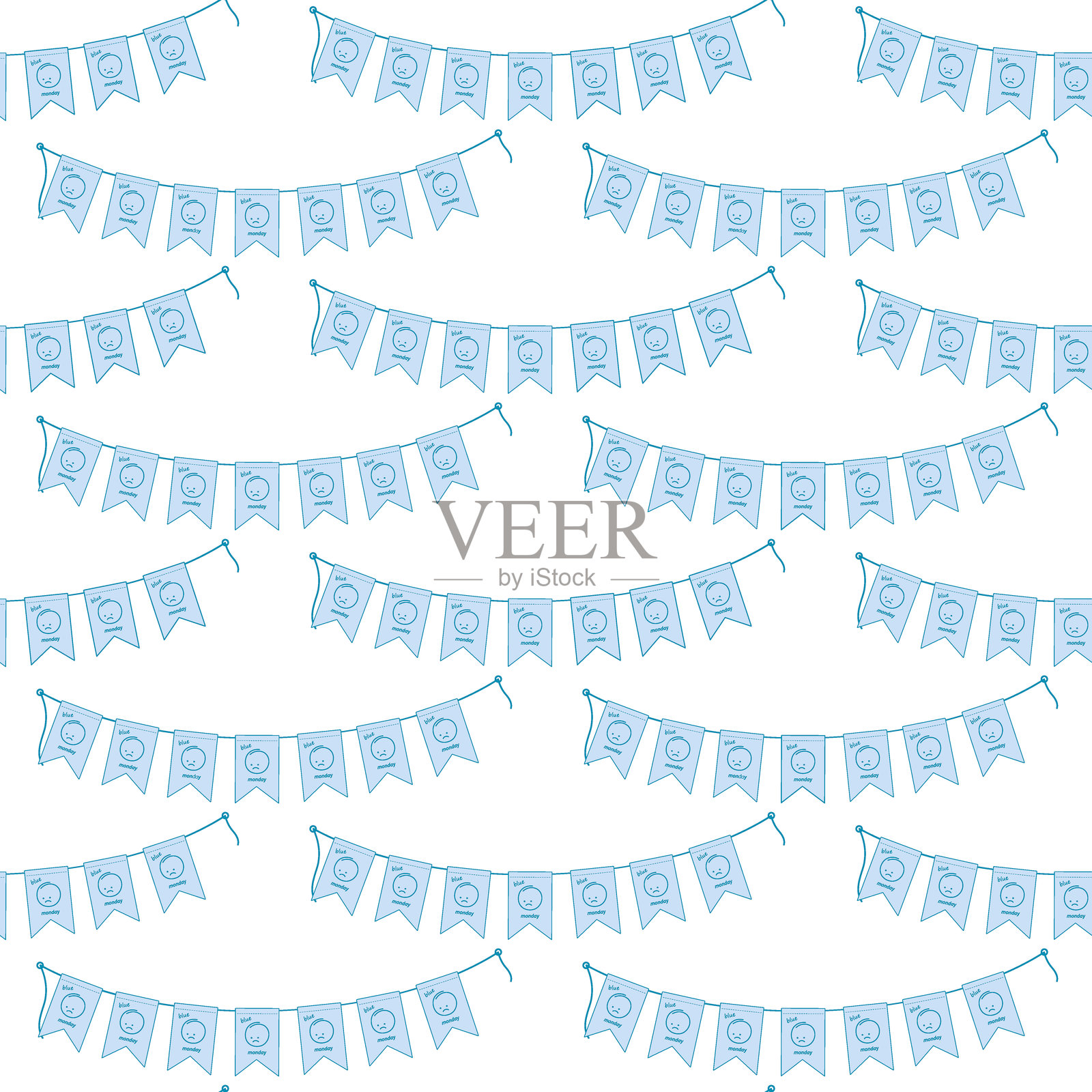 带有悲伤笑脸的旗帜花环，时尚单色蓝色的无缝图案。问候概念插画图片素材