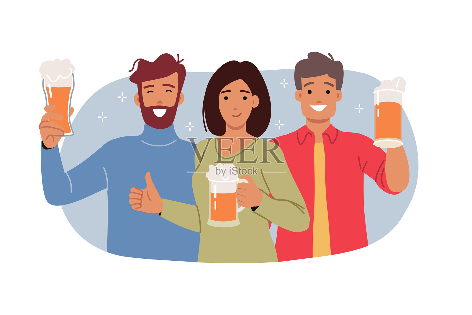 积极的人们在酒吧或夜总会举着泡沫丰富的啤酒杯参加啤酒派对插画图片素材