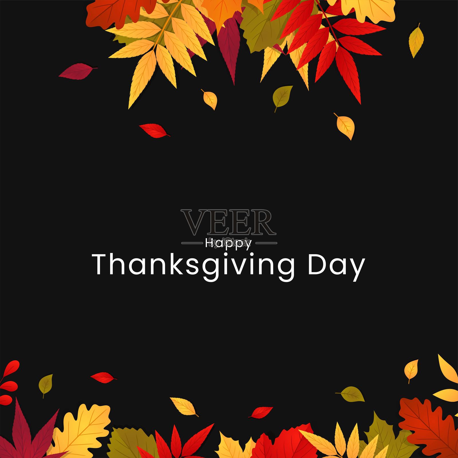 感恩节快乐的排版，背景为黑色，配有秋天的树叶。矢量图。插画图片素材